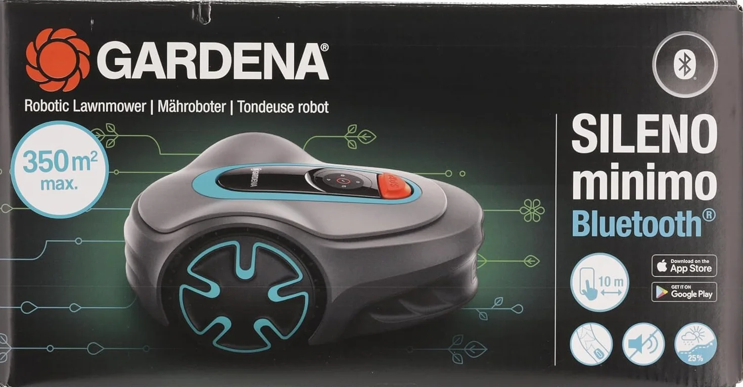 Gardena robot koszący SILENO minimo 350 zestaw: Robot koszący 350 m², sterowany przez aplikację Gardena Bluetooth, wysokość koszenia 20 do 45 mm, SilentDrive 15208-47, 350m