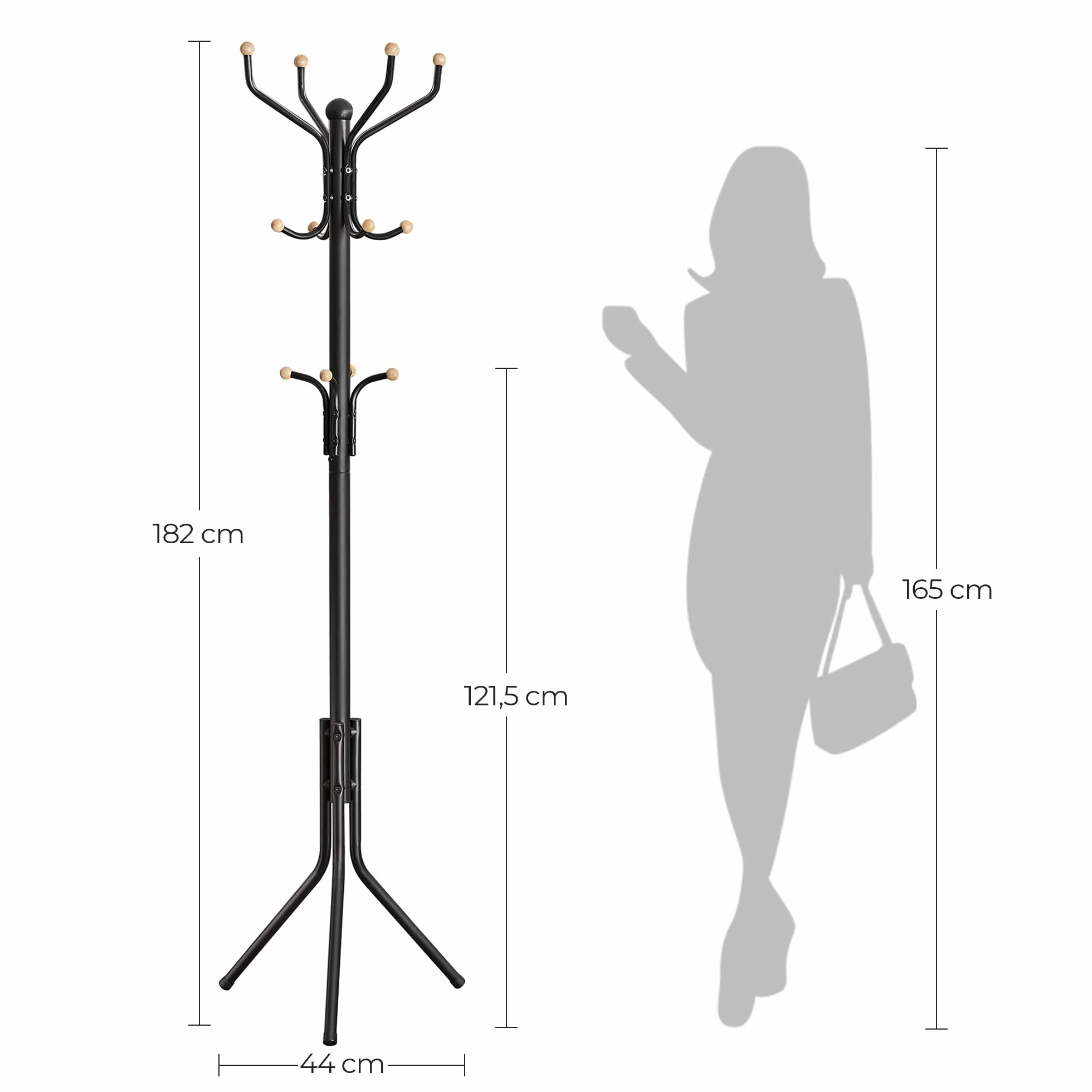 SONGMICS Wieszak na ubrania, stabilny metalowy wieszak na ubrania, wysokość garderoby ok. 182 cm, czarny RCR19B