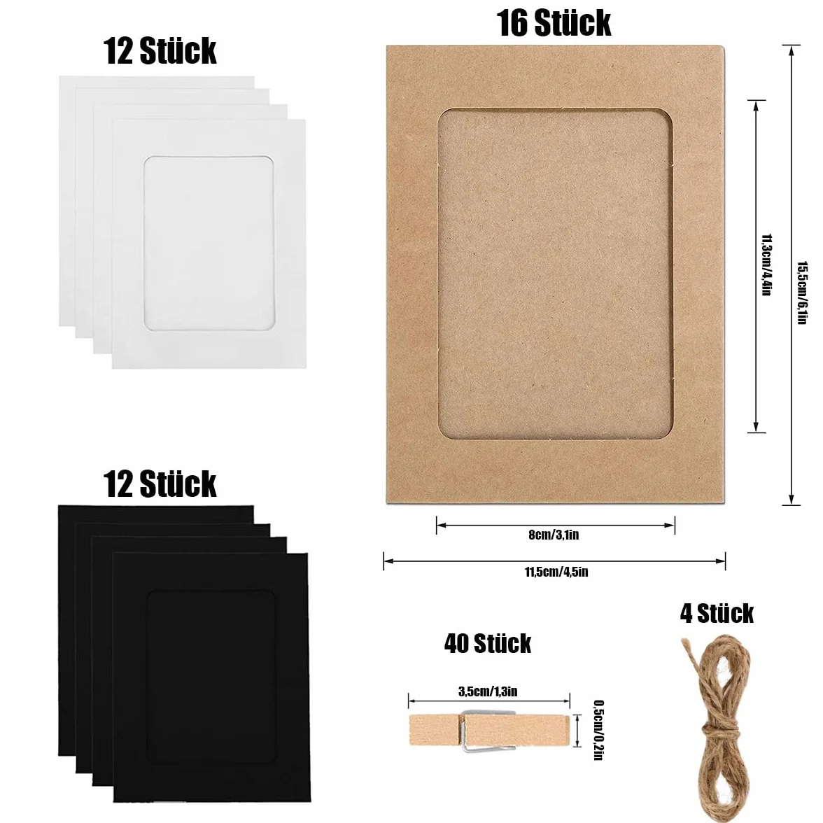 Brązowe papierowe ramki na zdjęcia, 40 sztuk, z papieru typu kraftowego, 11,5 x 15,5 cm, do zawieszenia obrazów, pocztówek z 40 drewnianymi klamerkami i 4 linkami konopnymi, 3 kolory