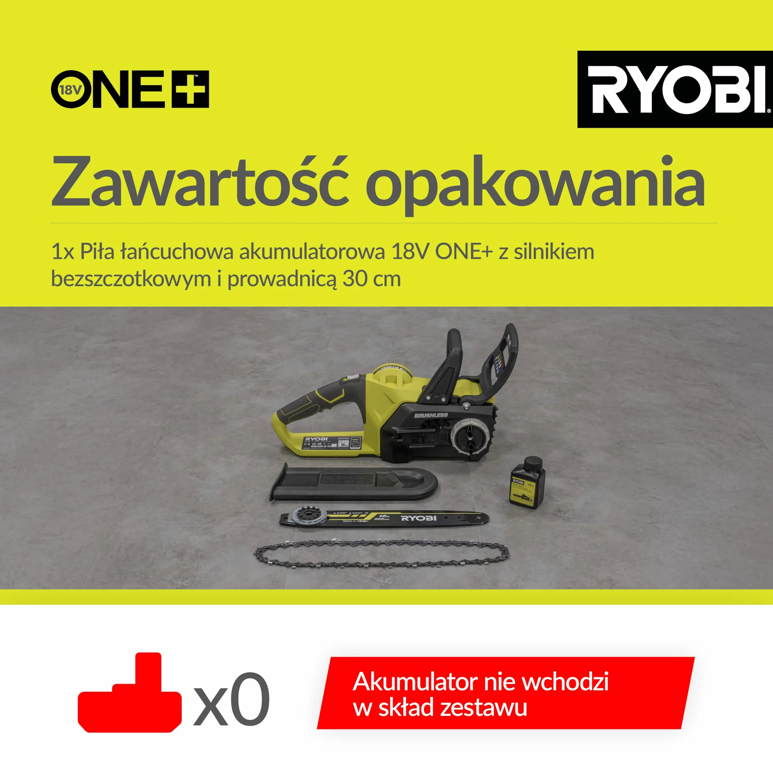 Ryobi Pilarka Łańcuchowa 18 V, OCS1830, Silnik Bezszczotkowy, Długość Prowadnicy 30 cm, Prędkość Przesuwu Łańcucha 10 m/s, Prowadnica oraz Łańcuch Marki Oregon, Automatyczne Smarowanie