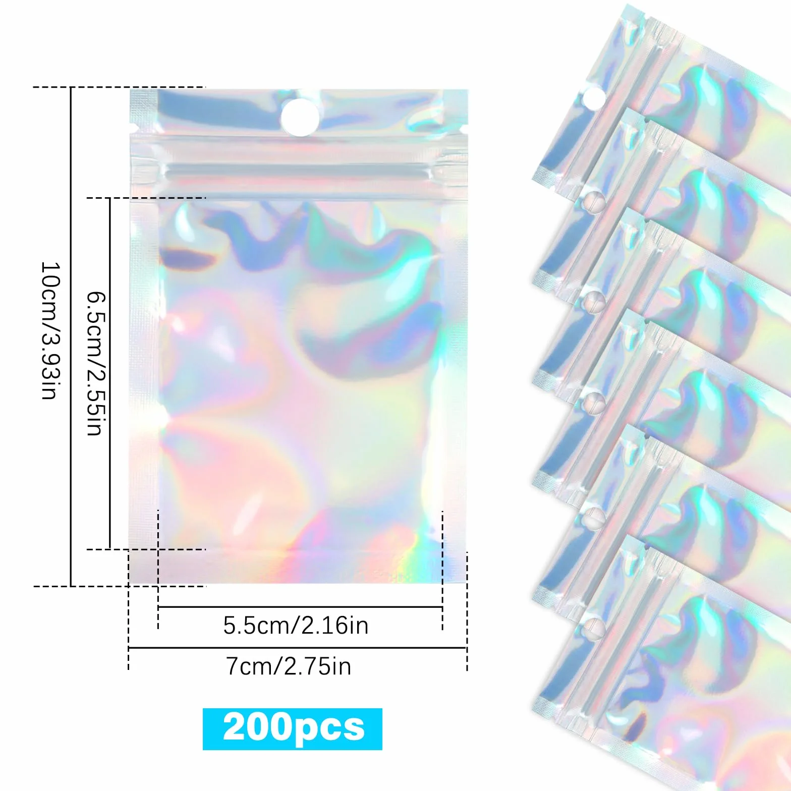 200 sztuk torebek z folii aluminiowej, holograficzne torebki foliowe, woreczki mylarowe, zamykane na zamek błyskawiczny torebki foliowe z przezroczystym okienkiem na biżuterię, błyszczyk do ust