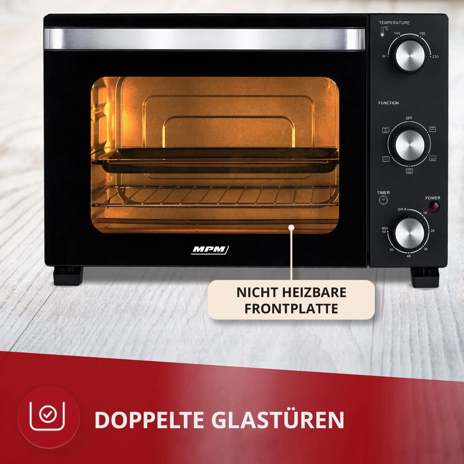 MPM MPE-14/T mini piekarnik 22 l 1300 W 90-230°C timer 60 min podwójne szyby