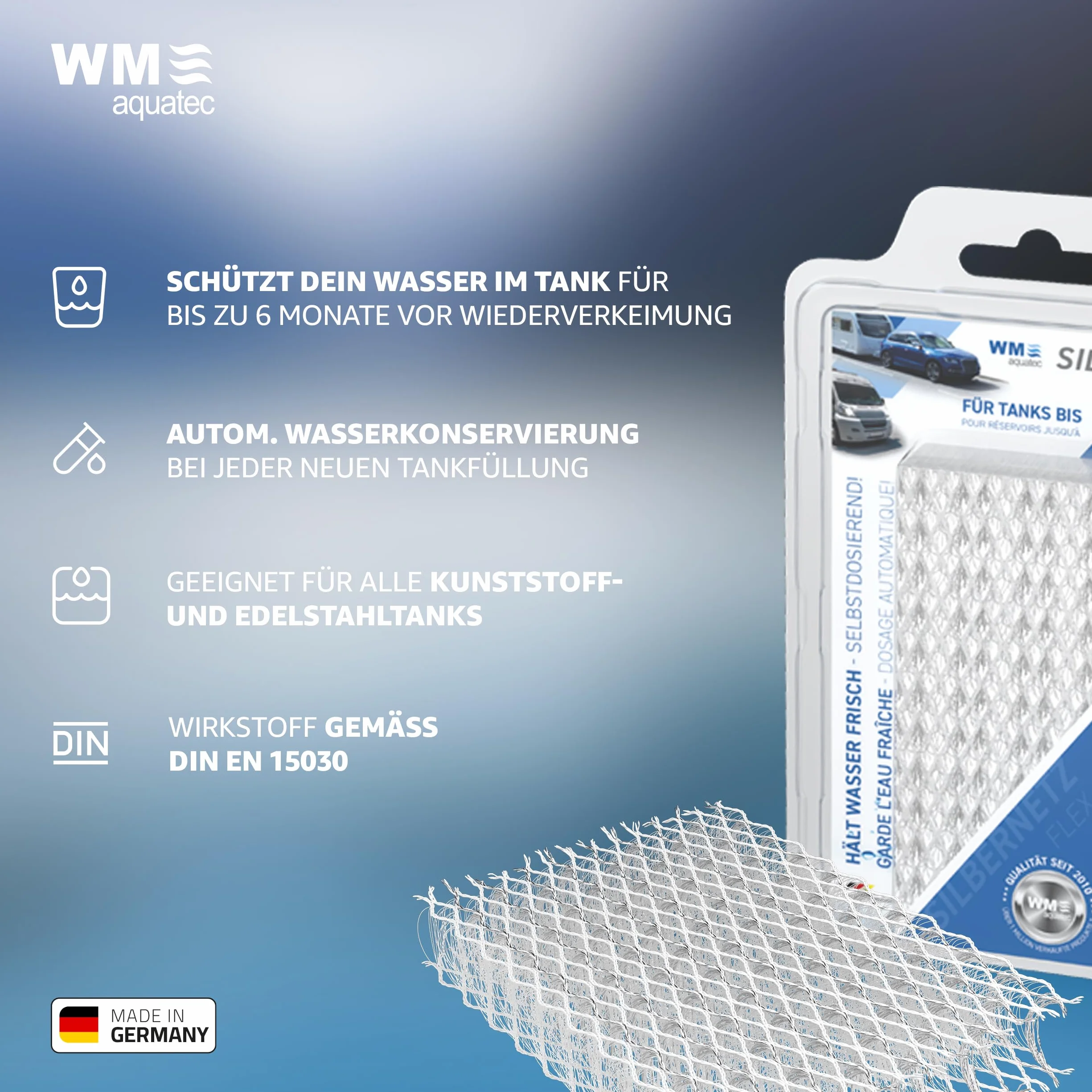 WM aquatec – Srebrna siatka do konserwowania wody do zbiorników na wodę do 30 litrów – konserwuje łącznie 3500 litrów wody dzięki automatycznemu dozowaniu jonów srebra – Made in Germany