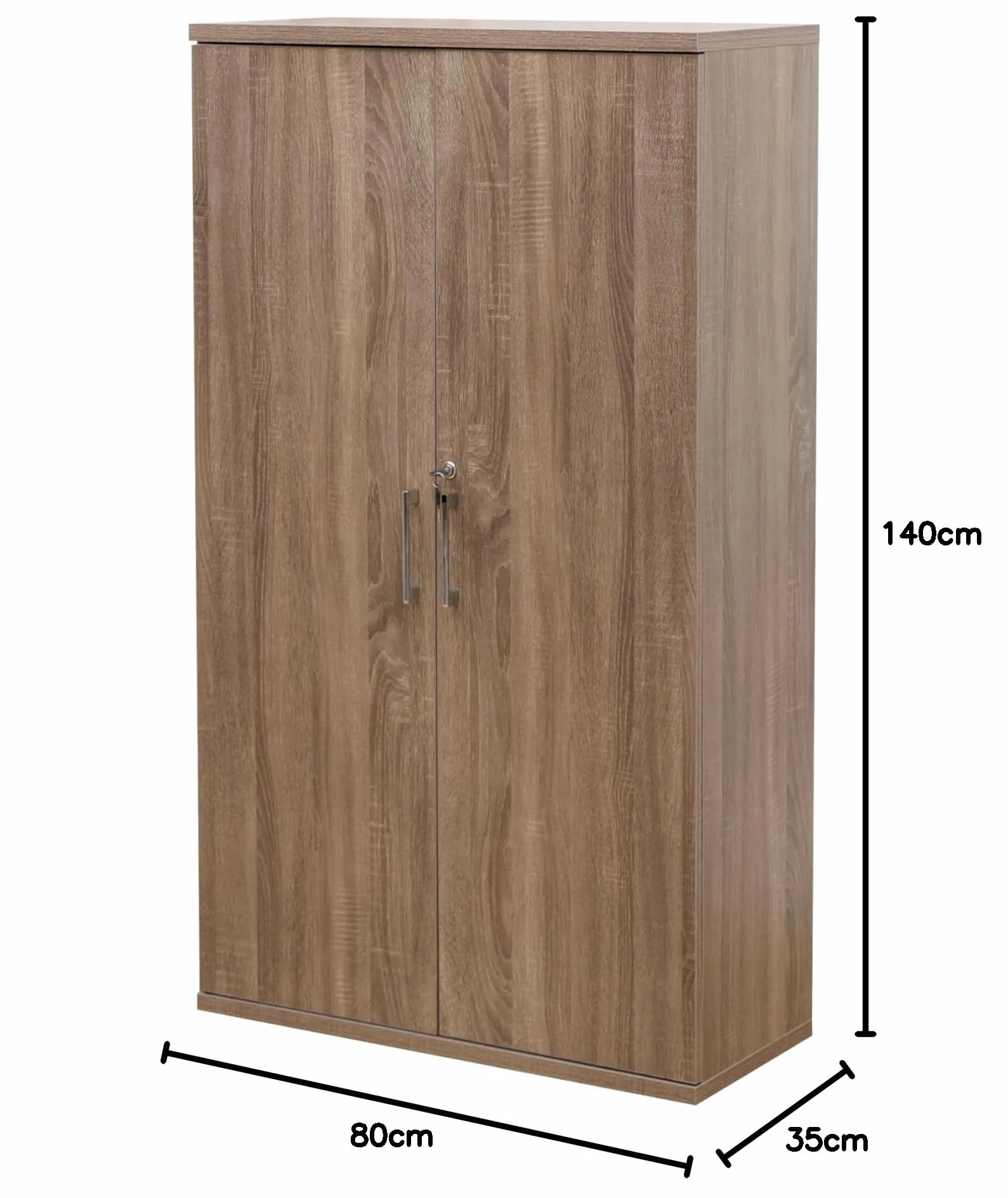 MMT Furniture Designs Ltd Dąb 2-drzwiowa zamykana szafka do przechowywania, 140 cm wysokości, organizer na narzędzia garażowe, biurowa szafka na dokumenty, z 3 półkami, ciemny dąb