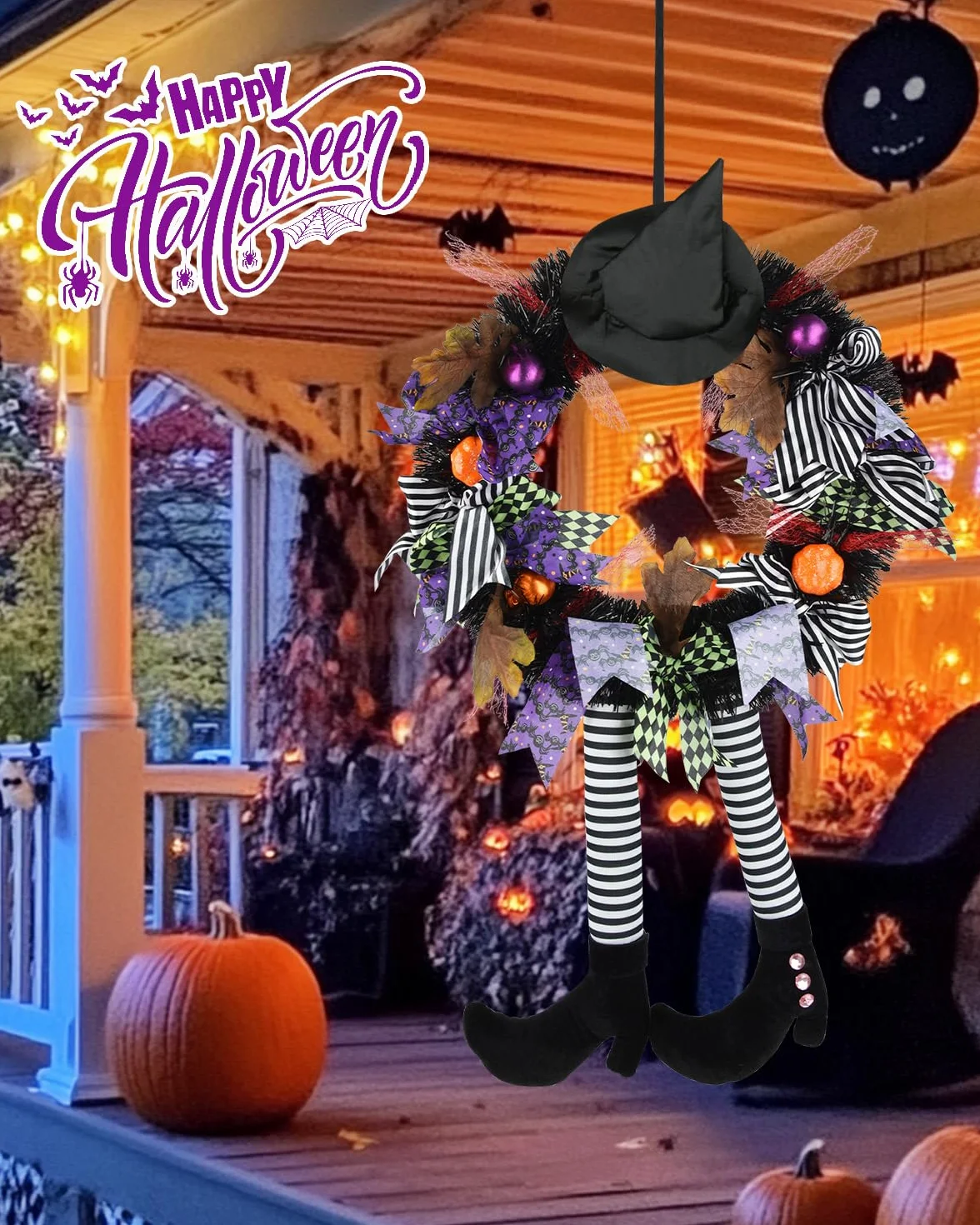 SHAVINGFUN Dekoracje Halloween, Wieniec Czarownicy, Czarny Wieniec z Kapeluszem, Czarownice, Dynia, Do Wewnątrz i Zewnątrz, Do Domu