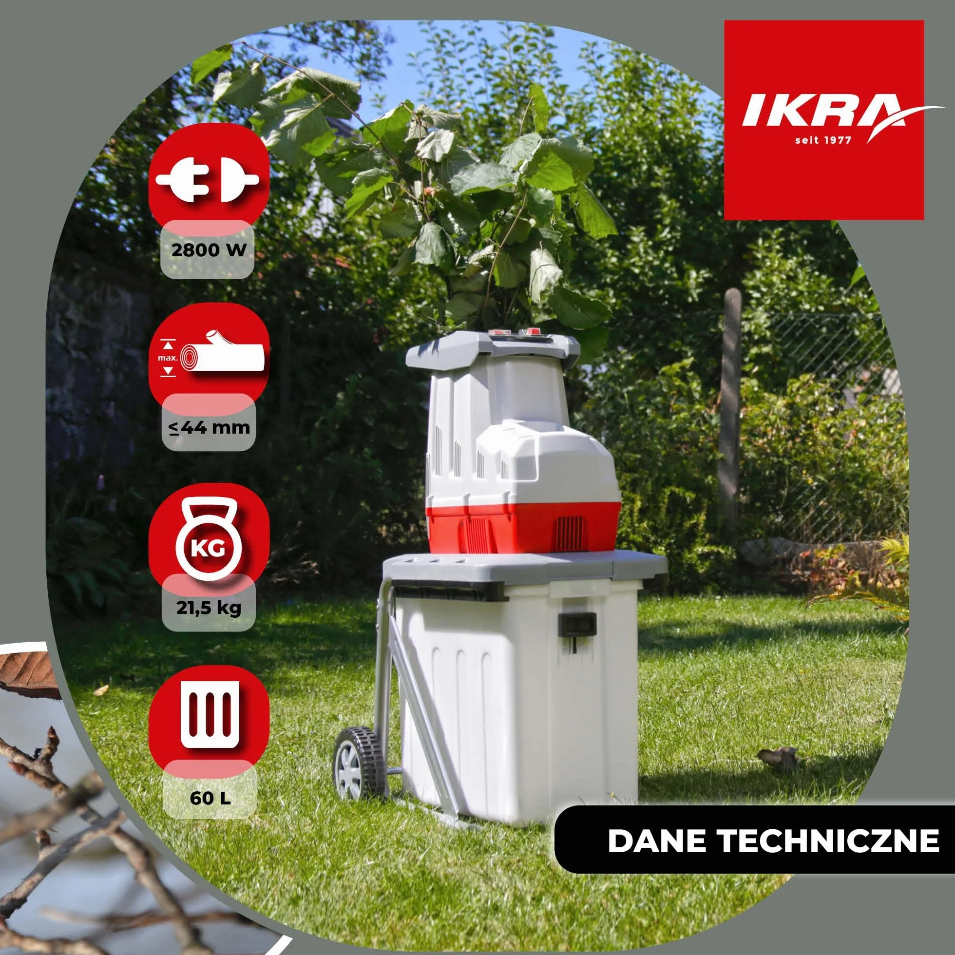 IKRA rozdrabniacz ogrodowy walcowy elektryczna ILH 2800 cicha, wytrzymała i łatwa w konserwacji moc 2800 W grubość gałązki do 44 mm