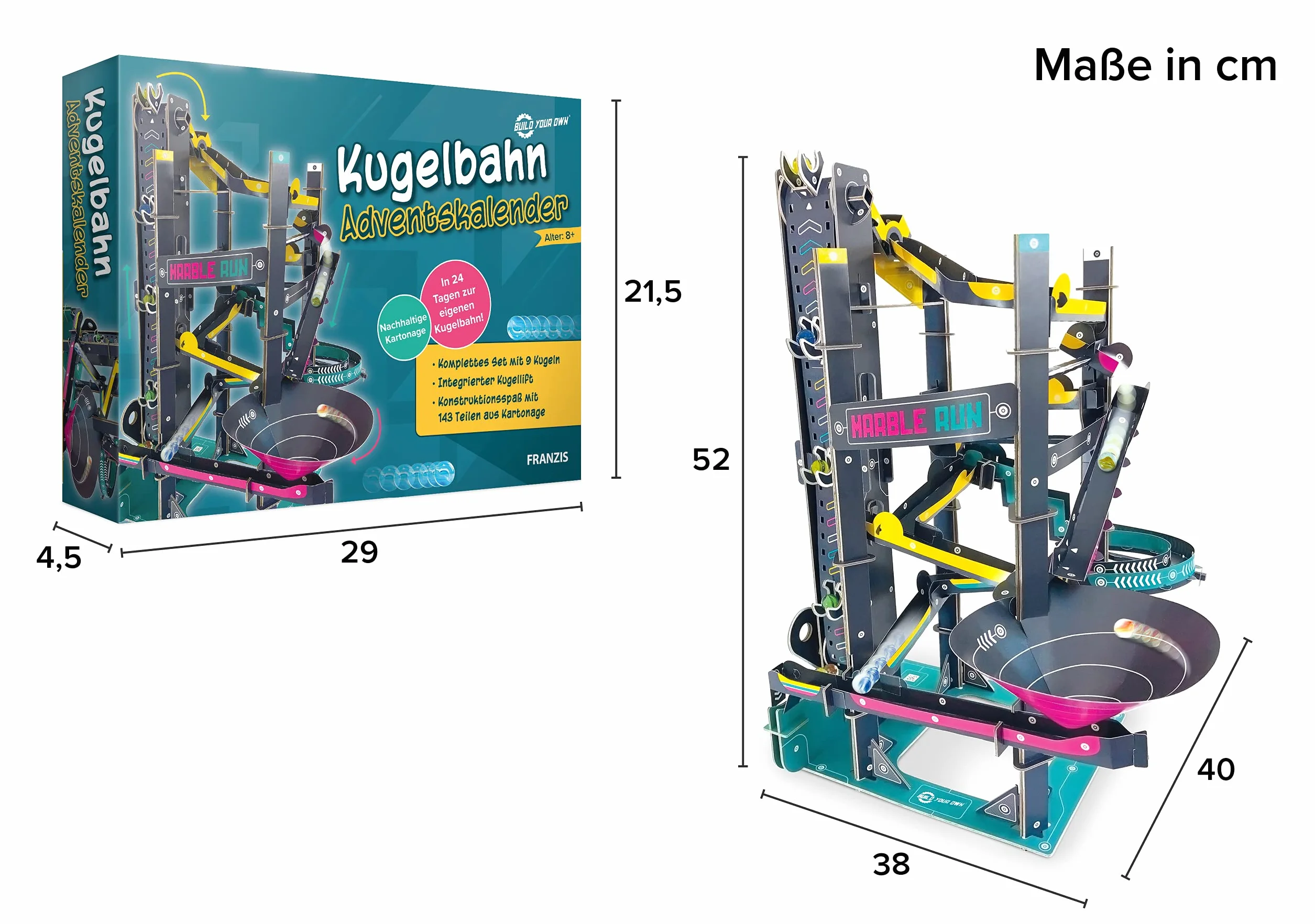 Franzis 67300 Kalendarz adwentowy Marble Run, 24 dni do własnego marmurowego biegu, zestaw do rękodzieła z tektury, bez plastiku, zalecany od 8 lat