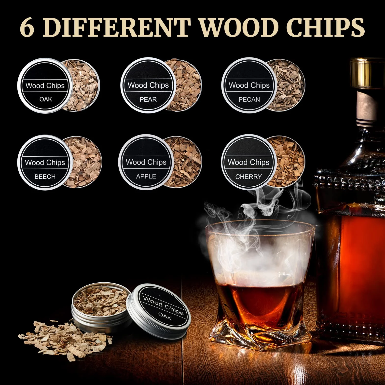 Zestaw Whisky Smoker – Old Fashioned Cocktail Gift Set z 6 Wiórkami Drzewnymi, 4 Kamieniami Granitowymi do Whisky i Palnikiem – Idealny Prezent dla Miłośników Whisky i Koktajli (bez butanu)