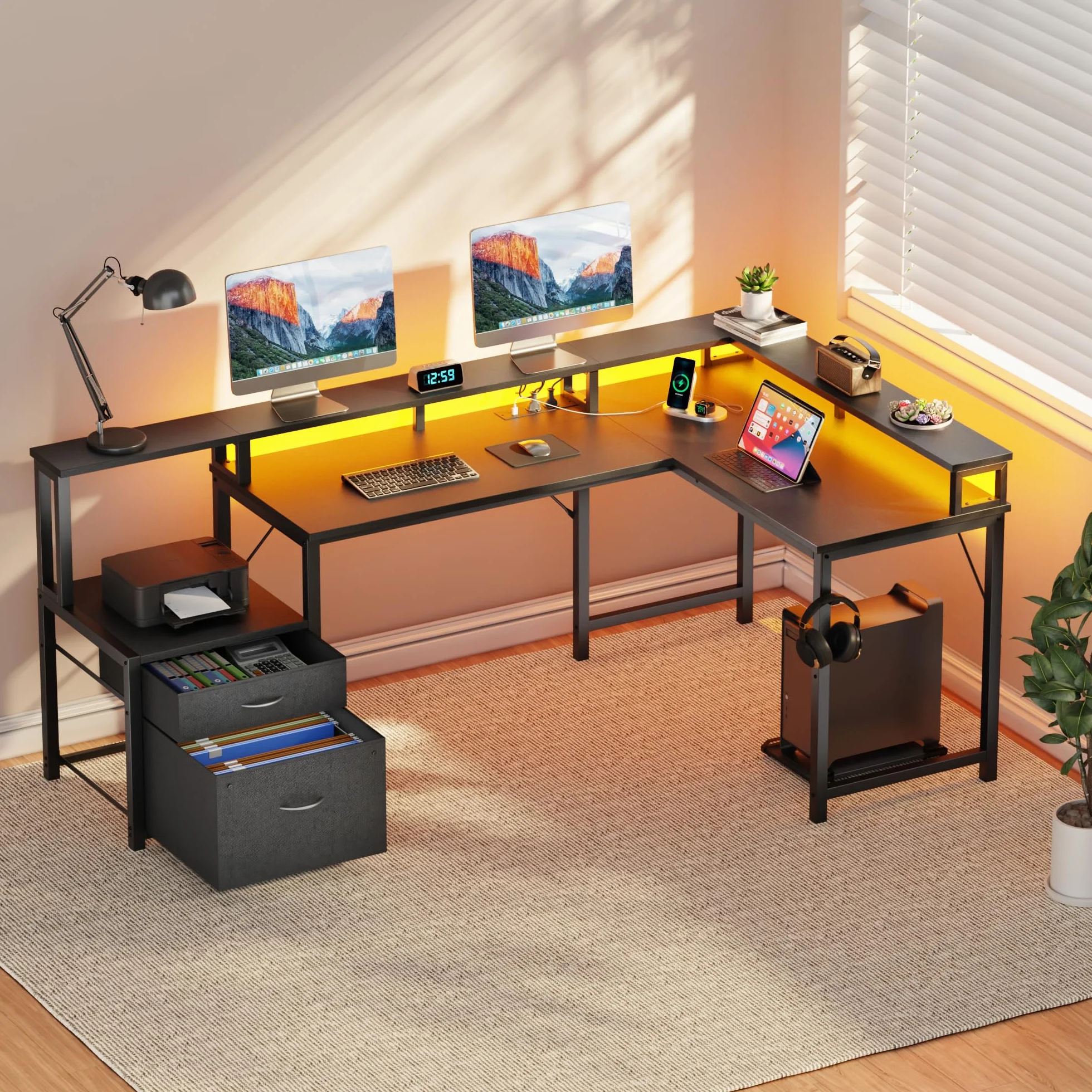 YOUDENOVA Biurko narożne z szufladami, w kształcie litery L, 168 x 100 cm, stolik gamingowy z diodami LED, biurko komputerowe z gniazdkiem i przyłączem USB do ładowania, kolor czarny