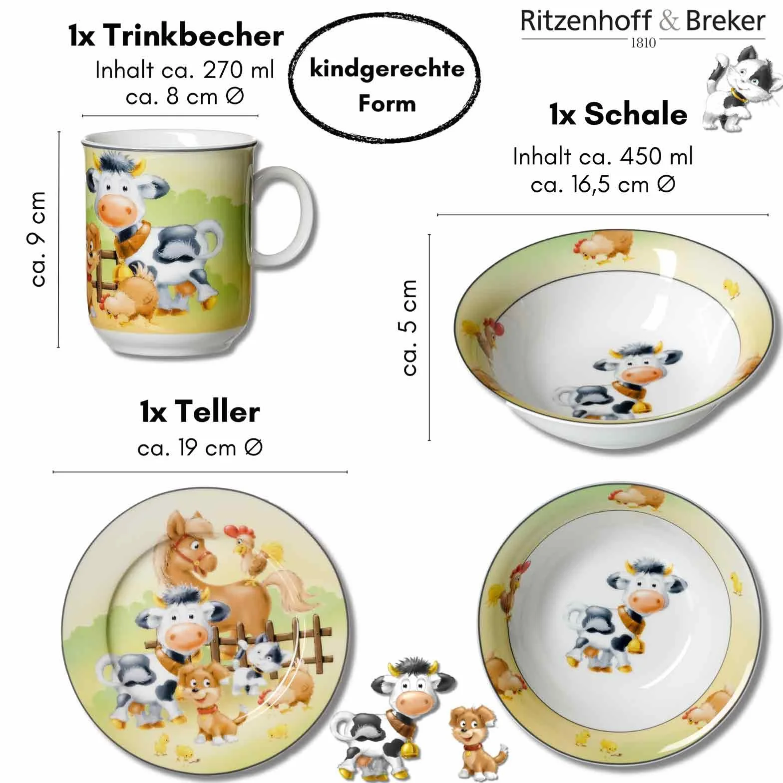 Ritzenhoff & Breker Zestaw naczyń dla dzieci 3-częściowy porcelana kolorowy kubek 270 ml talerz 19 cm miska 450 ml zwierzęta gospodarstwa