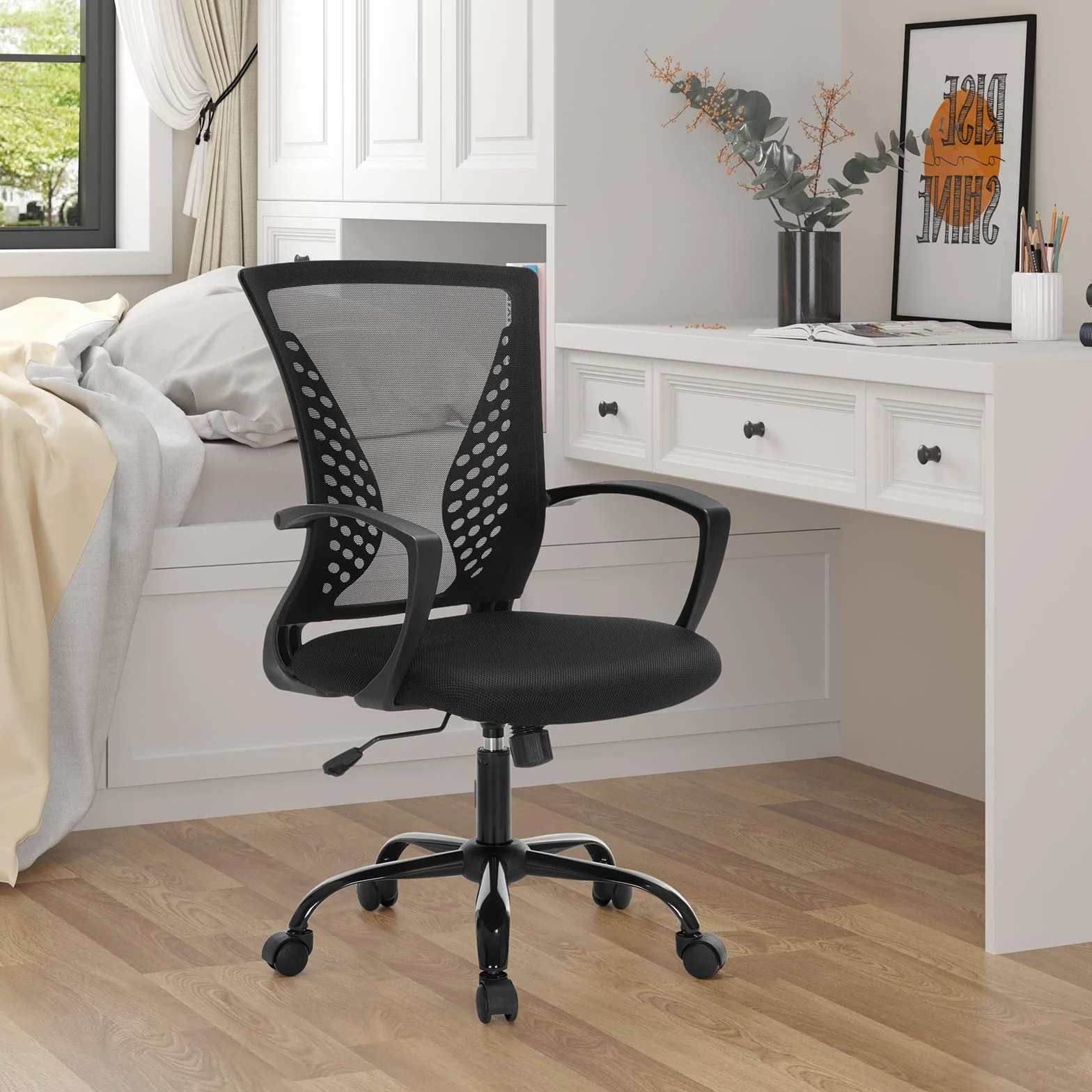 SONGMICS Obn22Bk Krzesło Biurowe, Wychylane, Oddychające, Obciążenie do 12 Kg, 64 x 64 x 96 cm, Czarne