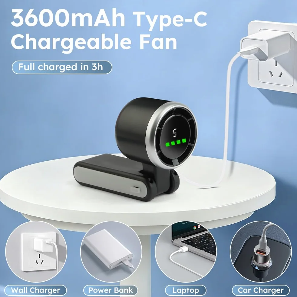 AUAUY Przenośny ręczny wentylator turbo, 5 regulowanych prędkości wentylatora, ręczny wentylator biurkowy 3 w 1, ładowanie USB-C 3600 mAh, składany wentylator biurkowy LED o 180°, do podróży, na