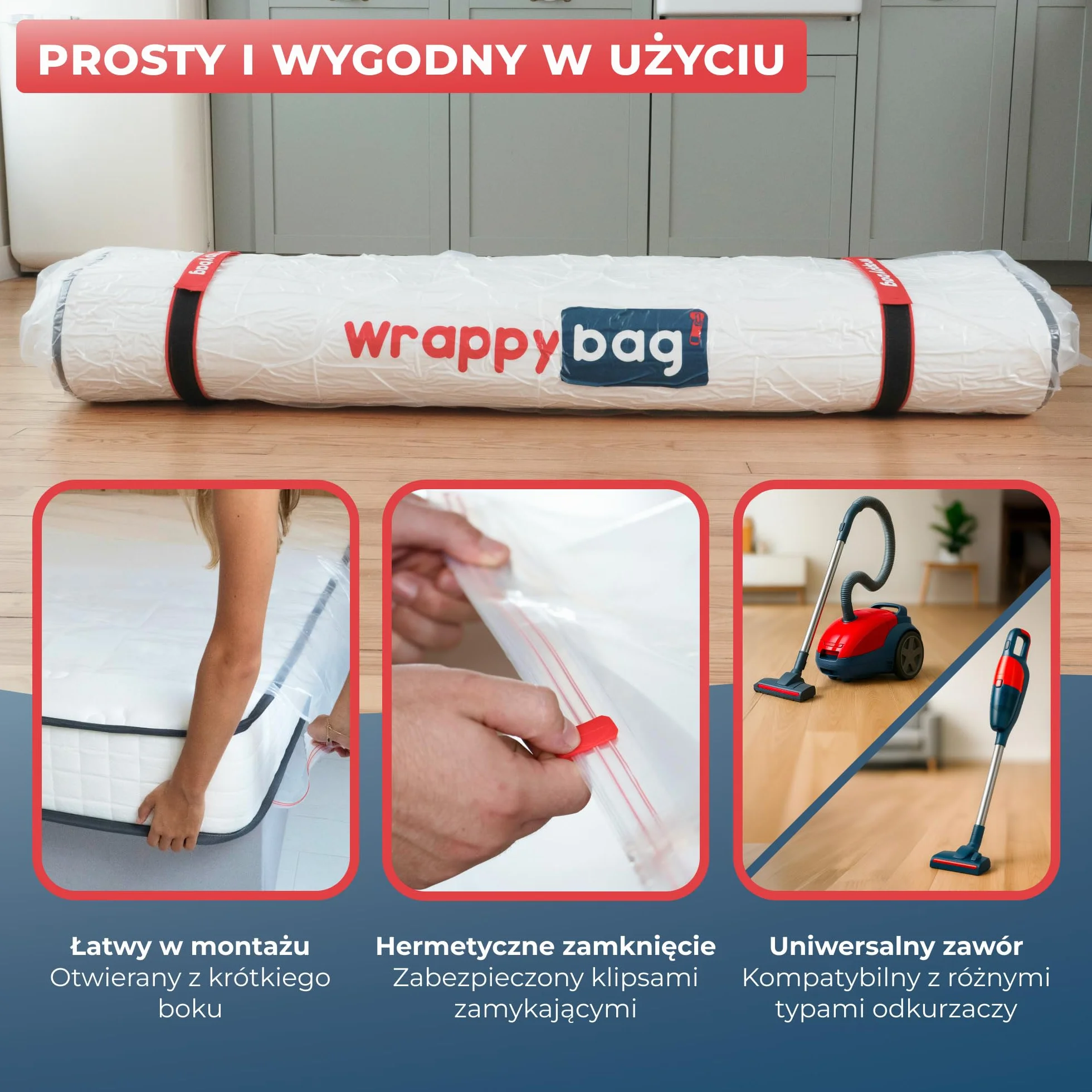 Wrappybag – Worek Próżniowy na Materac do Przeprowadzki 70x140cm – Kompletny Zestaw Wodoodpornego Pokrowca Próżniowego z Klipsami, Paskami na Rzep – Kompatybilny ze Wszystkimi Rozmiarami, Odkurzaczami