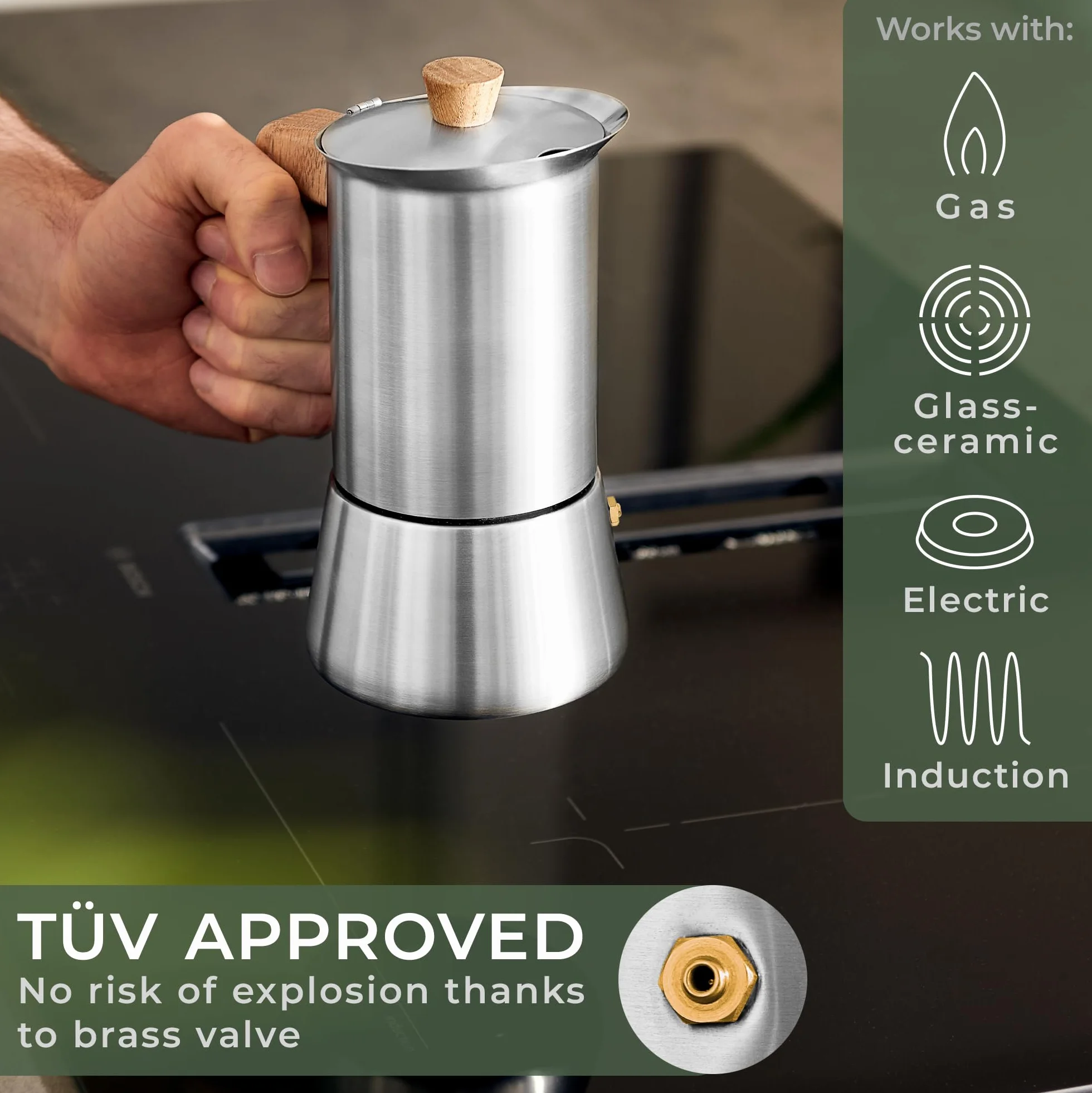 WALDWERK Ekspres do espresso (300 ml) – kompatybilny ze wszystkimi rodzajami płyt kuchennych – ekspres do kawy z zamszu ze stali nierdzewnej z uchwytem z prawdziwego dębu