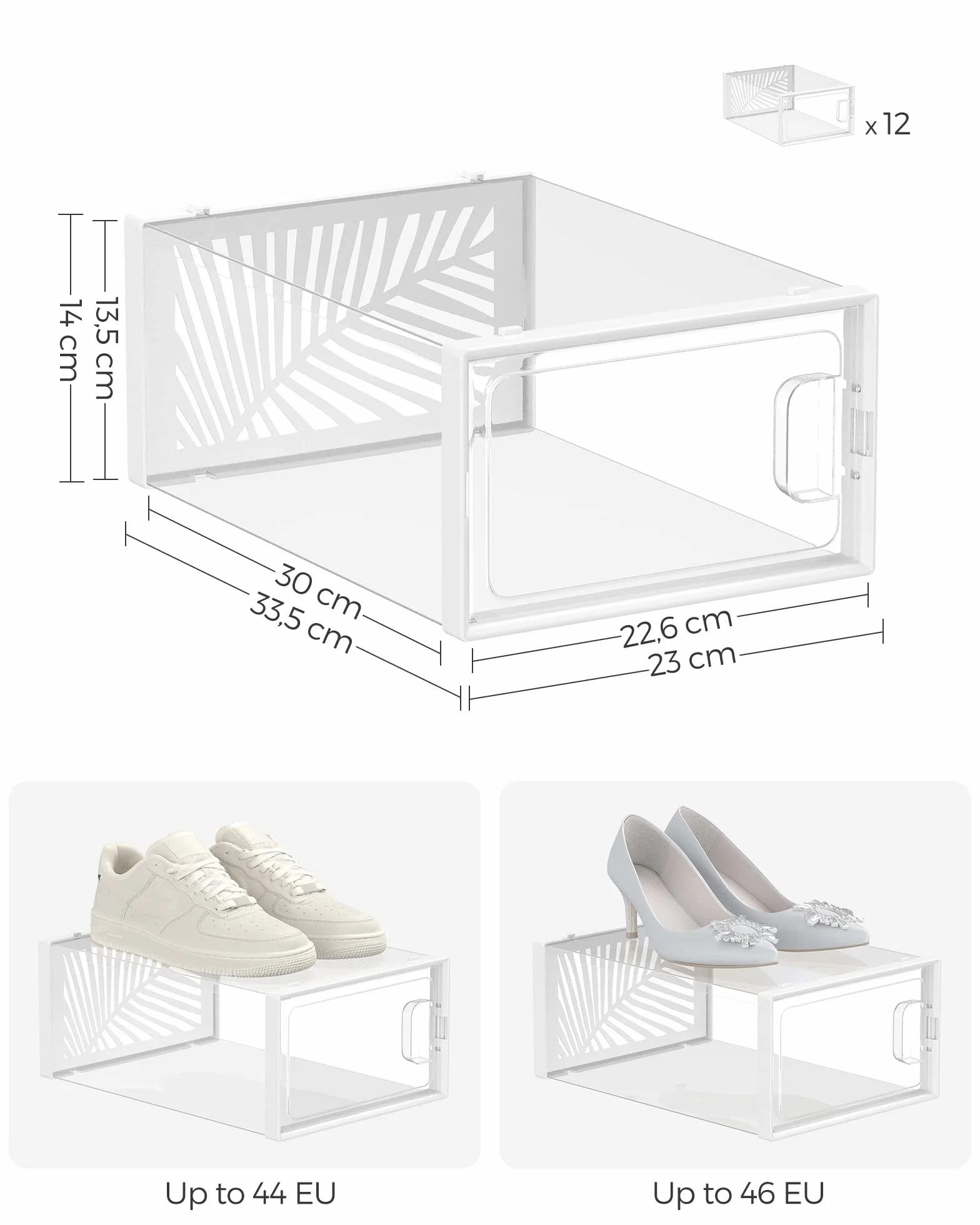 SONGMICS Organizer na Buty, Zestaw 12 Pudełek, Składany Transparentny Biały Pojemnik do Układania w Stos, Idealne na Obuvie Sportowe i Wysokie Obcasy, LSP106W12