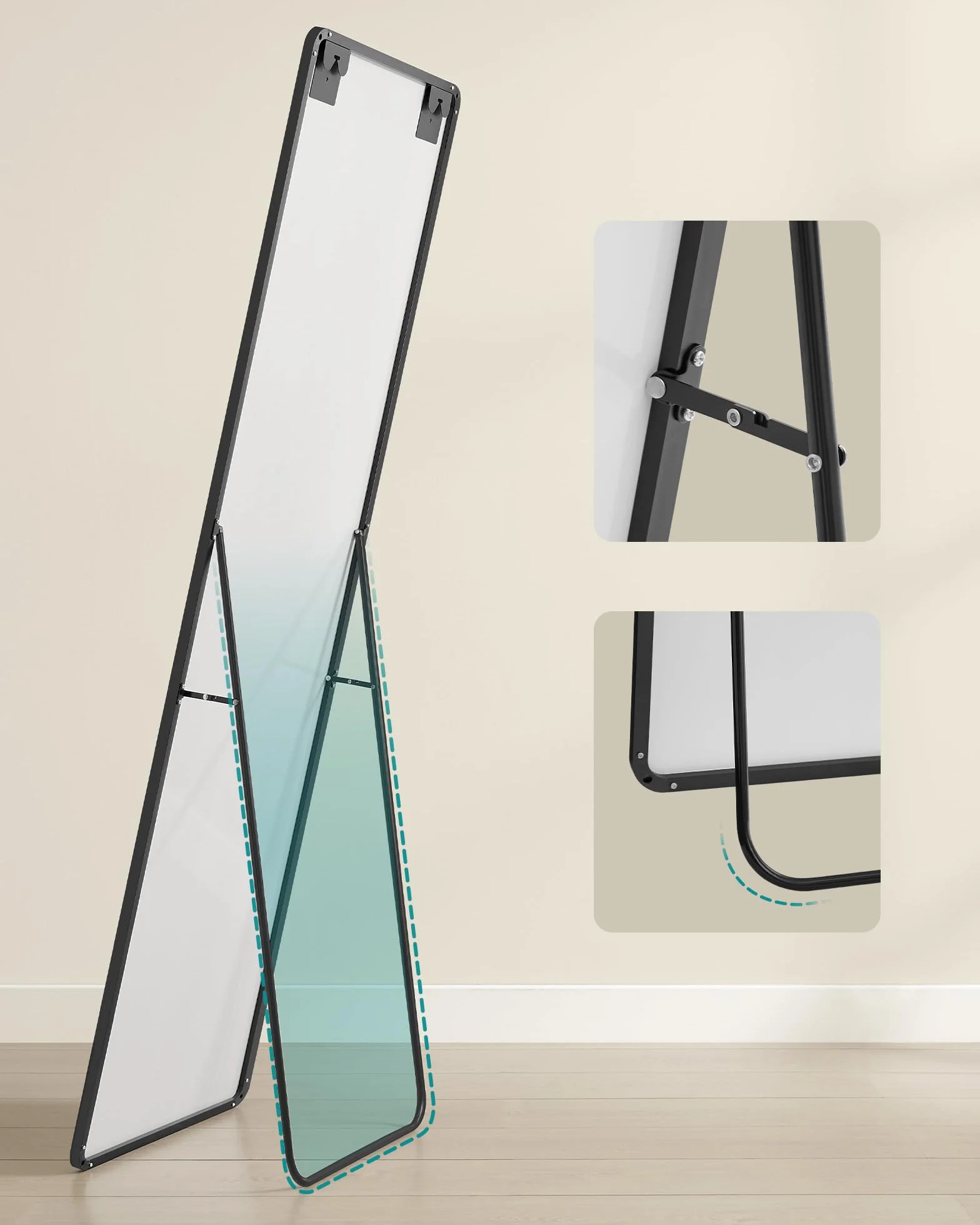 SONGMICS Pełne lustro 160x50cm Prostokątne lustro stojące Rama ze stopu aluminium Szkło hartowane do sypialni Salon Szafa Atrament Czarny LFM030B01