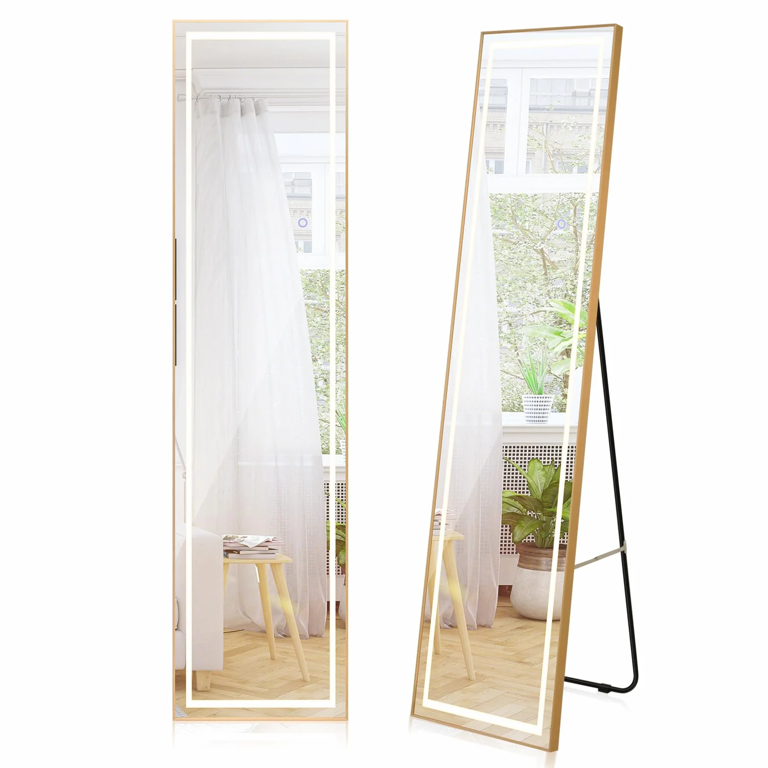 COSTWAY Lustro stojące 2 w 1 z oświetleniem LED, 3 kolory światła, możliwość ściemniania, lustro garderobiane ze złotą ramą aluminiową, do korytarza, sypialni, salonu