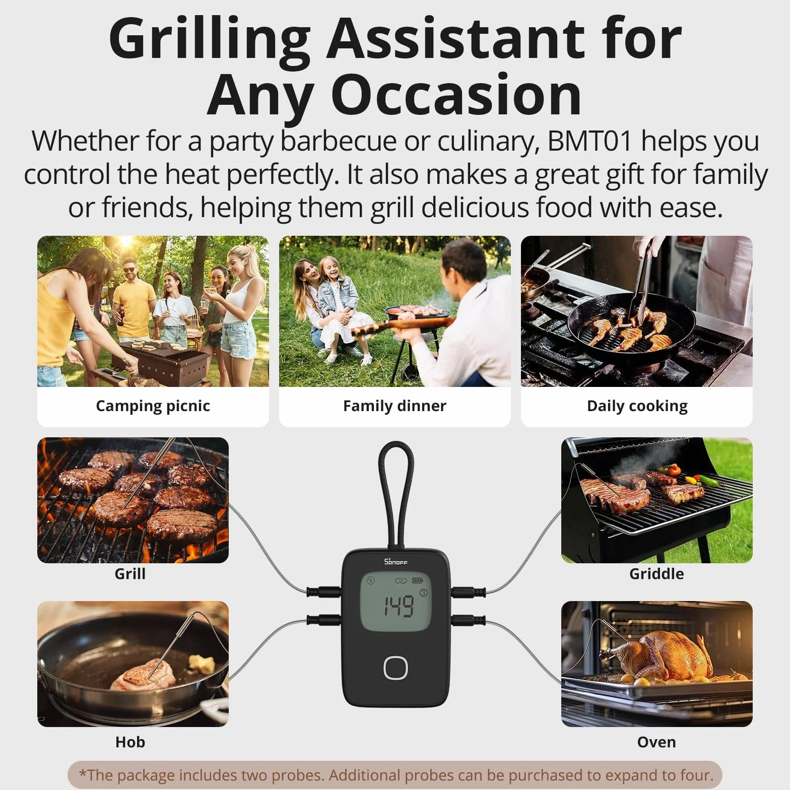 SONOFF BMT01Termometr do gotowania z podwójną sondą, sonda do grillowania mięsa, wyświetlacz LCD z natychmiastowym odczytem, timer i zaprogramowane alerty, odpowiedni do grillowania