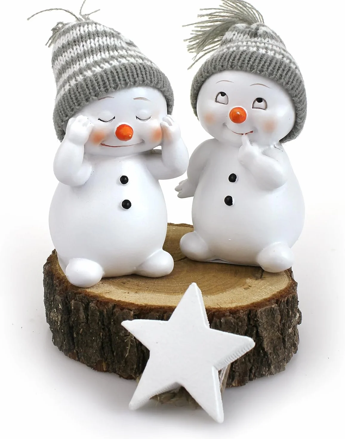 2 x dekoracyjna figurka bałwanka w zestawie po 11 cm, biała ceramika, czapka zimowa, włóczka tekstylna, szara, figurka ceramiczna, figurka dekoracyjna, na zimę, Boże Narodzenie