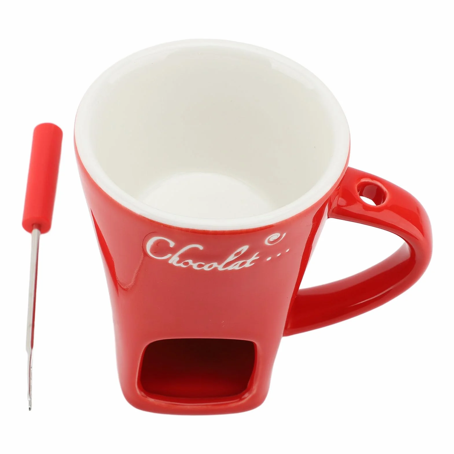 Ceramiczny Kubek do Topienia Czekolady Fondue z Widelcem, Czerwony