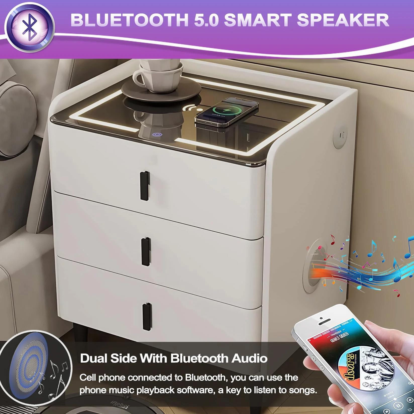 Stolik nocny z głośnikiem Bluetooth, stolik nocny z funkcją bezprzewodowego ładowania, światło LED, szafka nocna z 3 szufladami, 2 USB, typ C, komoda nocna z drewna z gniazdkiem, stolik pomocniczy