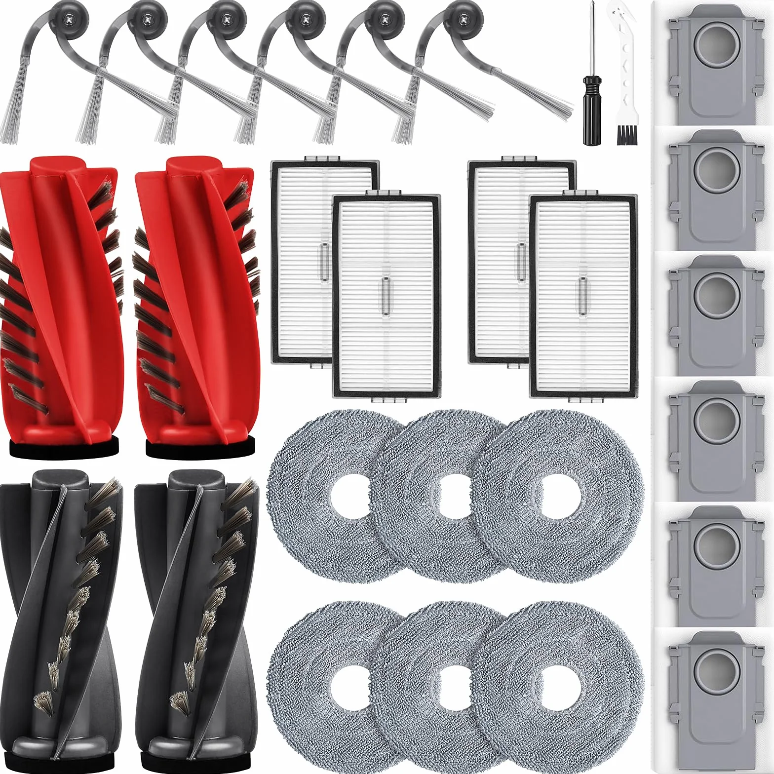 Zestaw 28 akcesoriów do robota Roborock Saros 10R/Qrevo CurvX/Qrevo Curv 2 Pro z 2 parami głównych szczotek, 6 ściereczek do wycierania, 4 filtrów, 6 worków do kurzu, 6 szczotek bocznych, 1 szczotka