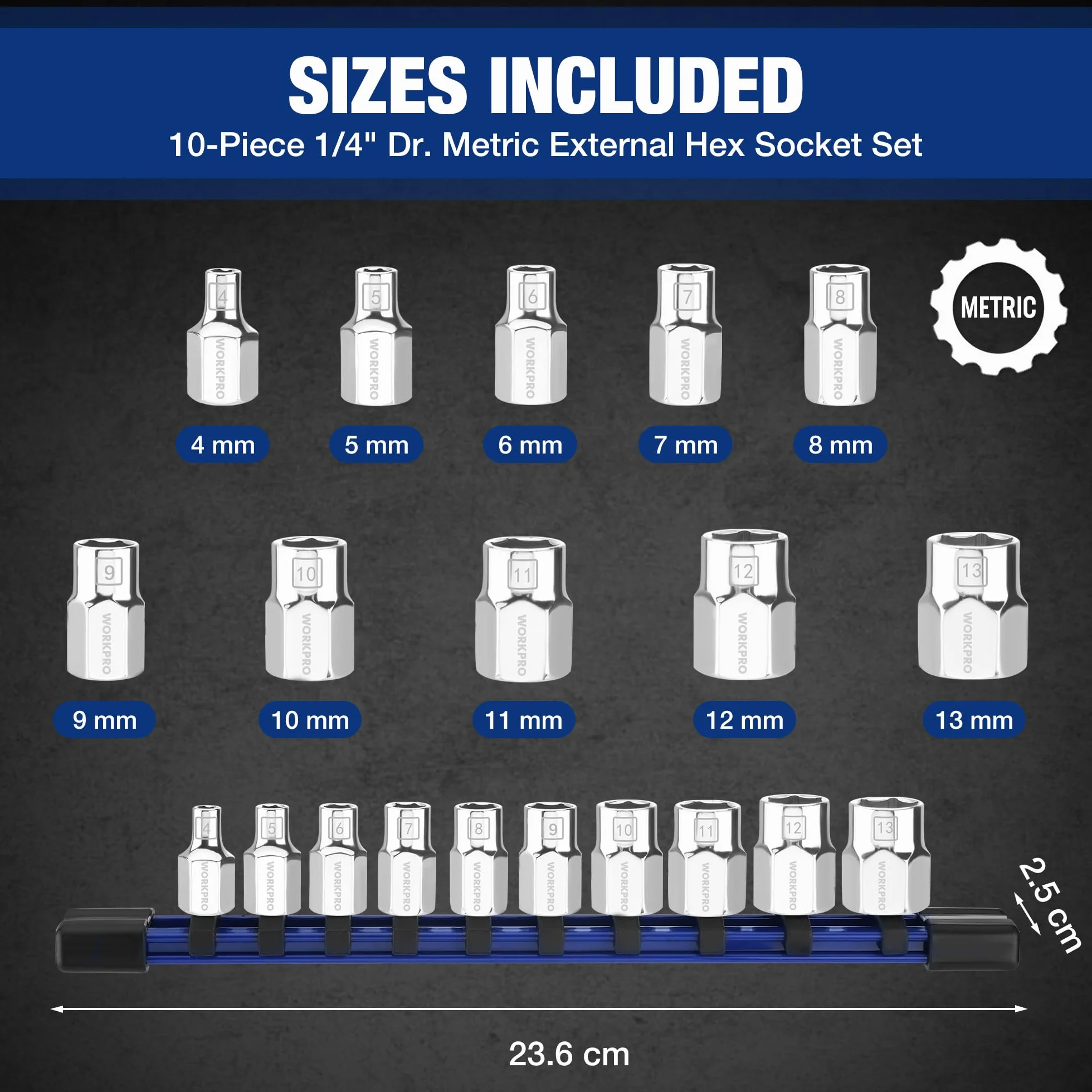 WORKPRO Zestaw Nasadek 1/4" 10 elementów, Nasadki 4-13 mm z Stali Cr-V, z Uchwyt PVC, Zestaw Kluczy Nasadowych do Napraw Samochodów i Maszyn