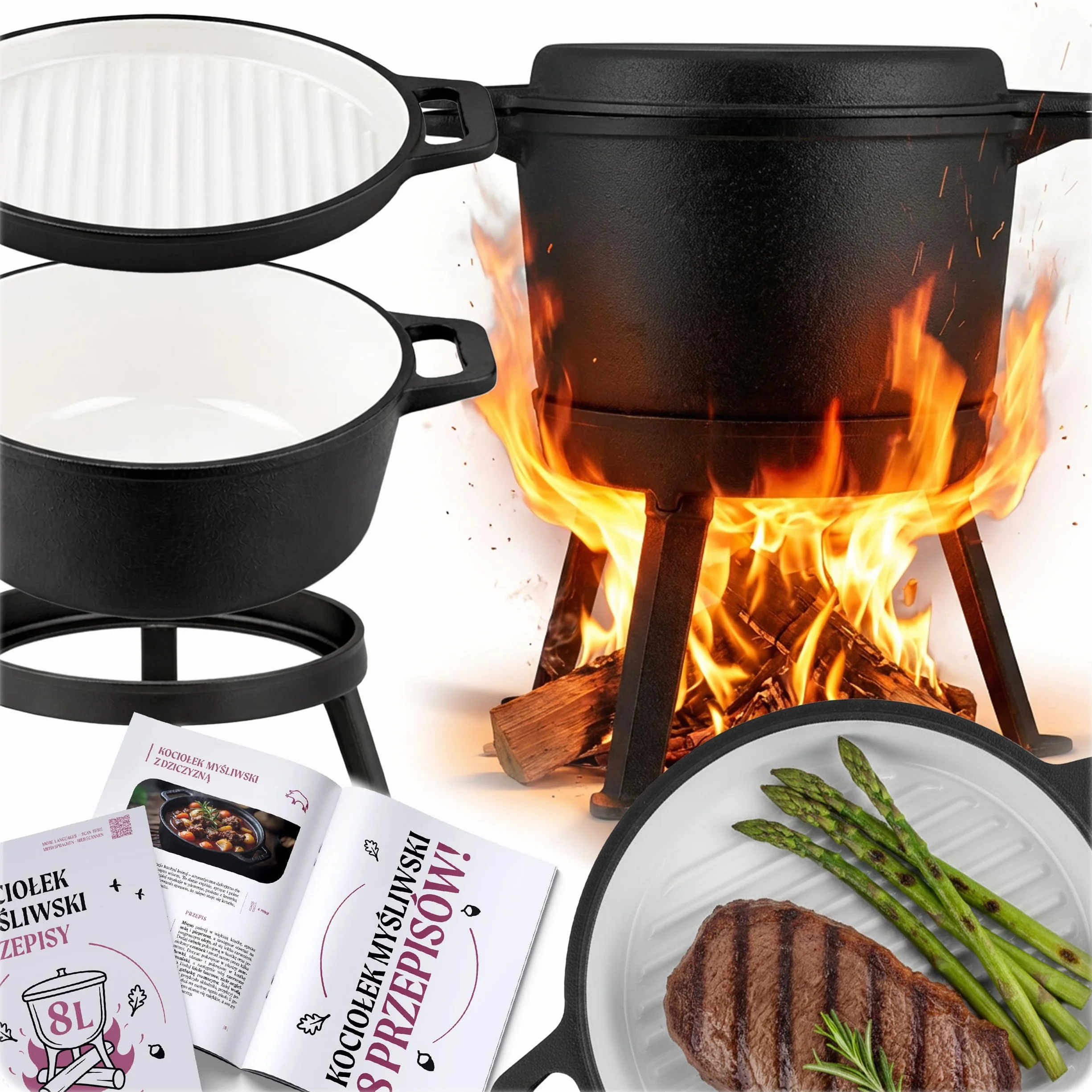 Berdsen Żeliwny Kociołek Myśliwski 8l - Emaliowany Garnek na Ognisko i Grill - Dwustronne Wieko z Patelnią Stabilny Trójnóg i Uchwyt do Zawieszenia - Książka z 8 Przepisami - Czarny