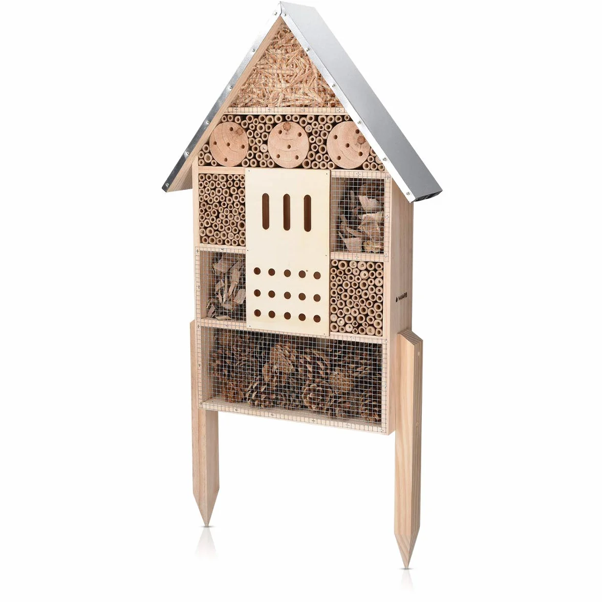 Navaris XL Drewniany Hotel dla Owadów - 38 x 11,5 x 57 cm - Domek z Naturalnego Drewna, Schronienie Ogrodowe, Bambusowe Siedlisko Gniazdowe dla Pszczół, Motyli, Biedronek