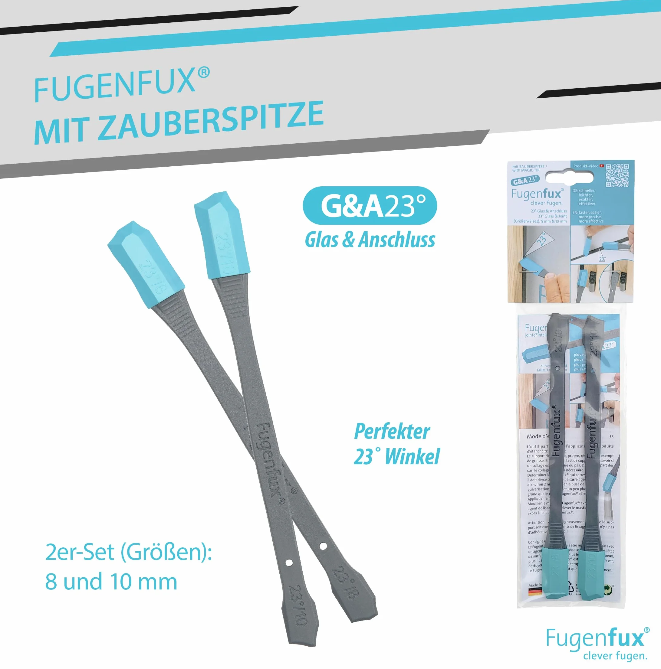 FUGENFUX® G&A 23° szkło i fugi przyłączeniowe | ściągacz do fug płaskich | zestaw 2 sztuk o rozmiarach 8 mm i 10 mm – rewolucyjna magiczna końcówka do ciasnych miejsc