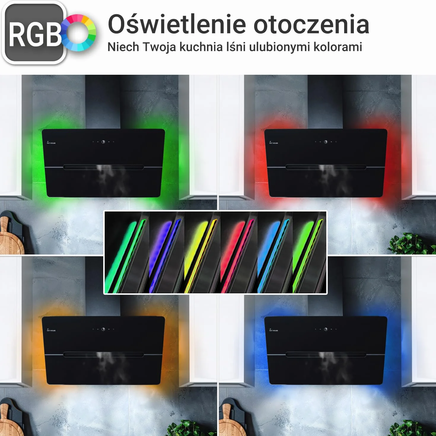 KKT KOLBE Okap kuchenny 80 cm/bezgłowa okap ścienny/stal nierdzewna/czarne szkło/Wi-Fi/automatyczne wybiegi / oświetlenie LED RGBW / obsługa SensorTouch/ECCO809SHCM
