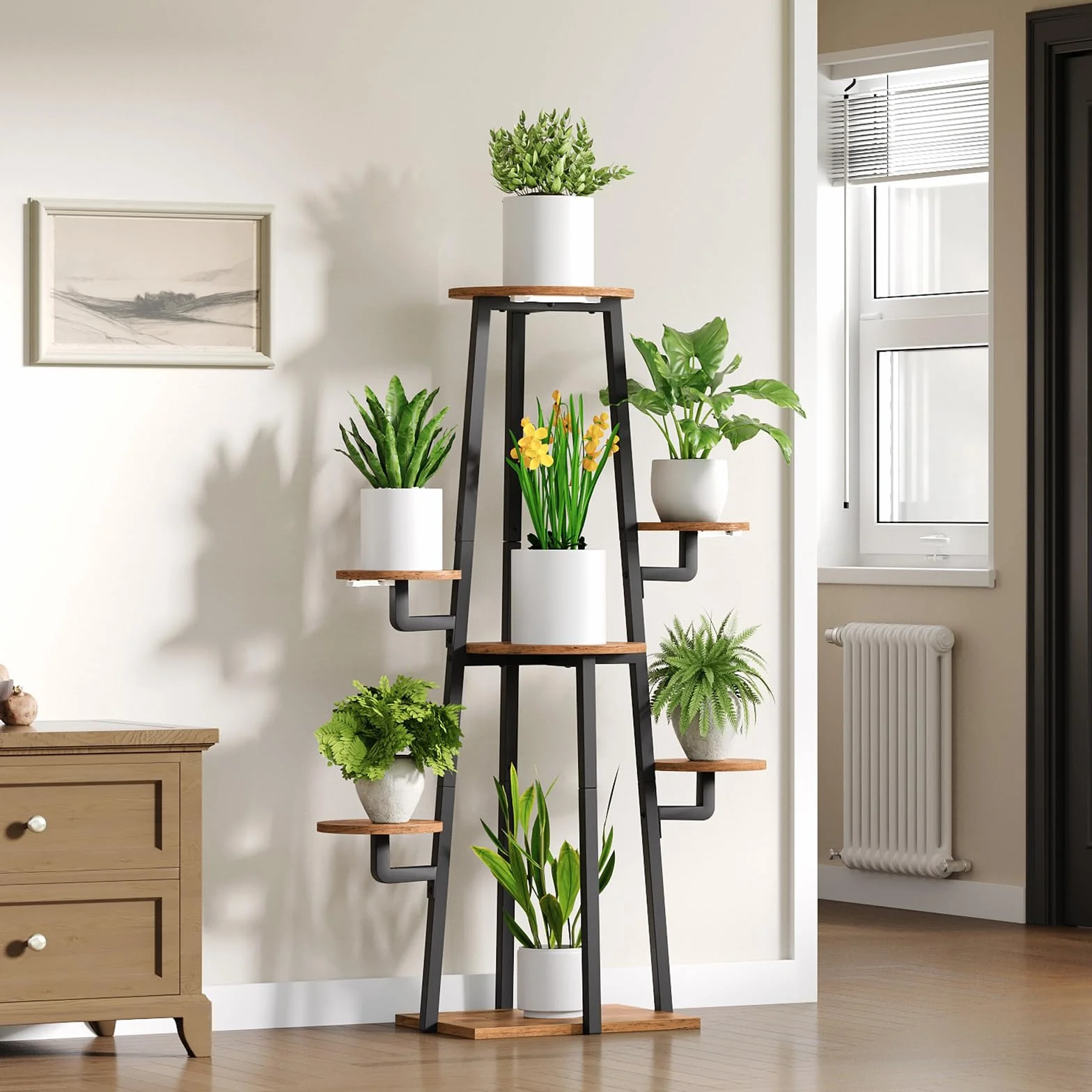 HOOBRO Wewnętrzna półka na rośliny z 3-głowicową lampą, otwartym stojakiem na kwiaty, 9 poziomów jasności i 5 trybów oświetlenia, salon, balkon, rustykalny brązowy i czarny EBF04DHJ01