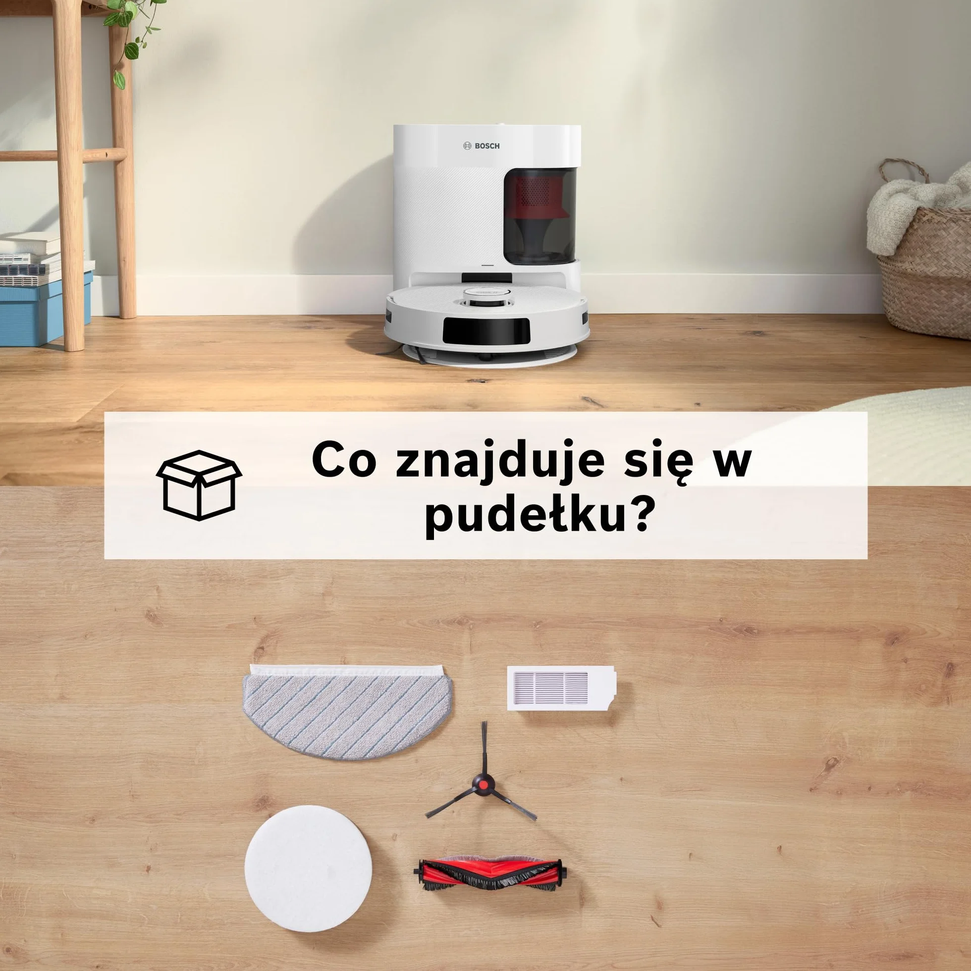 Bosch Spotless+ Robot sprzątający z funkcją mopowania, moc ssania 11 000 Pa, statyczna nakładka mopującą, stacja czyszczącą, nawigacją Smart Vision, aplikacja Bosch Home Connect, BCRD1W, biały