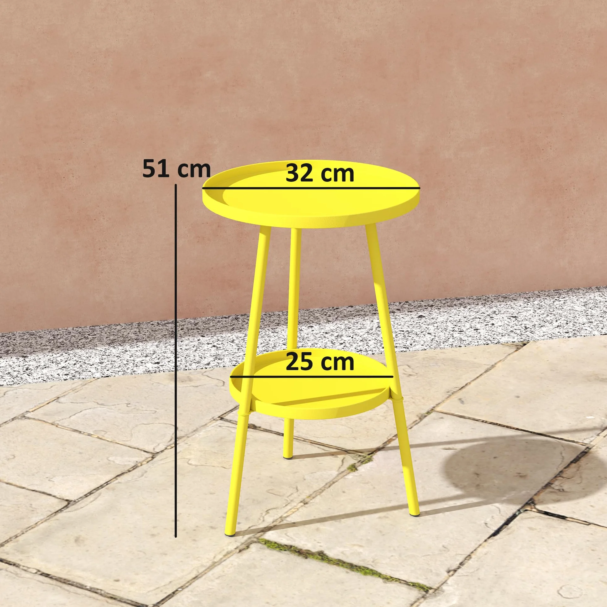 Outsunny Mały okrągły stolik pomocniczy z 2 poziomami, stół ogrodowy, na taras, do salonu, na balkon, metal, żółty