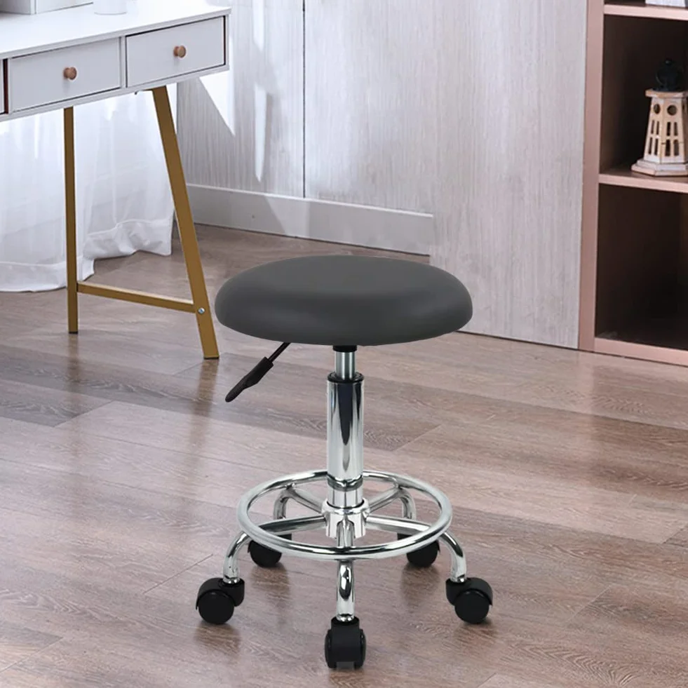 WKWKER Ergonomiczny stołek na kółkach, ze skóry PU, z obrotowym siedziskiem z regulacją wysokości, do kuchni, salonu, laboratorium, biura, czarny