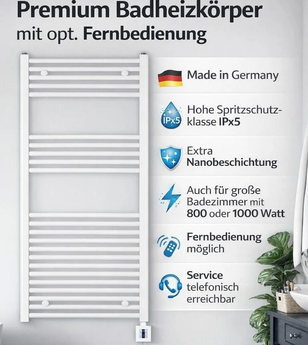 anapont Elektryczny grzejnik łazienkowy 1175 x 500 cm, biały, prosty – funkcja timera – grzejnik na ręczniki – wyprodukowano w Niemczech