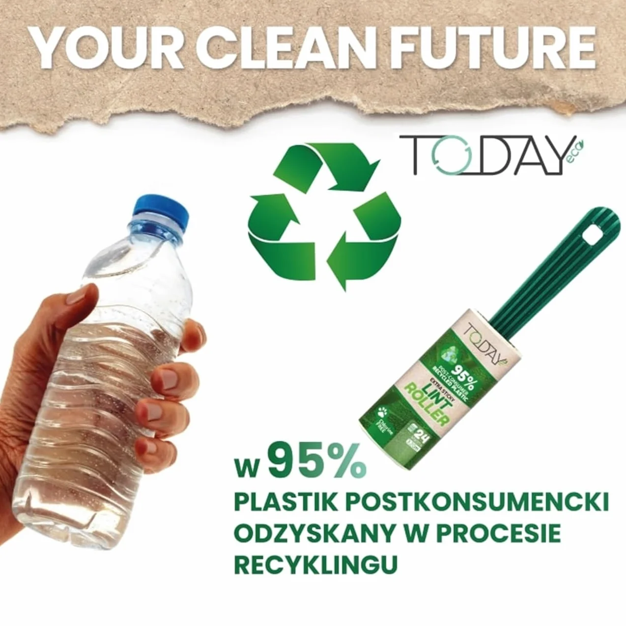 Today Eco - wałek do usuwania sierści zwierząt. 16 rolek + pokrywka + 2 uchwyty z tworzywa sztucznego pochodzącego w 95% z recyklingu. Wałek do usuwania kłaczków i sierści kotów i psów