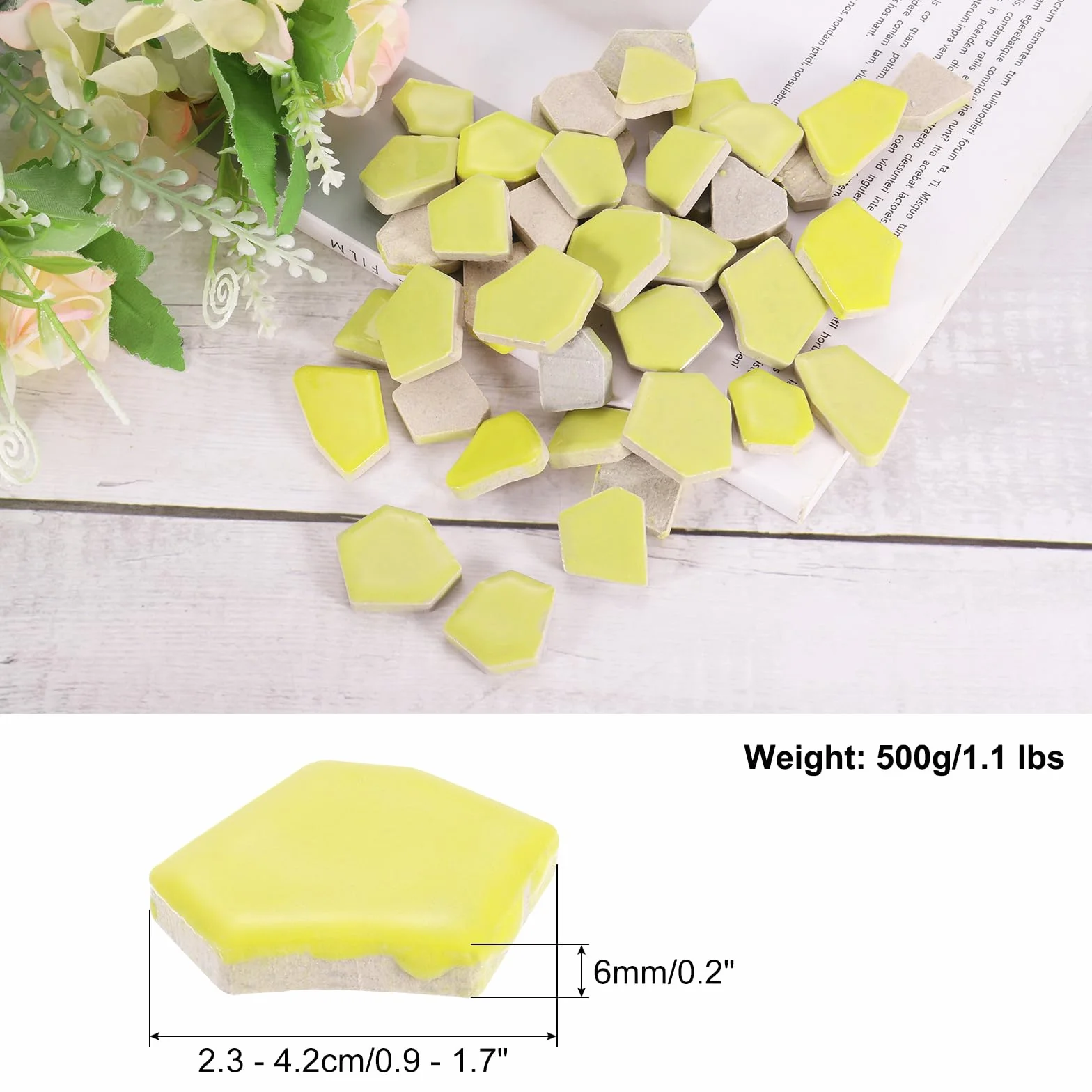QUARKZMAN 500G/1.1Lb Nieregularne ceramiczne płytki mozaikowe, 2,3-4,2 cm luzem barwione ceramiczne mozaiki do projektów artystycznych i rzemieślniczych DIY, żółty