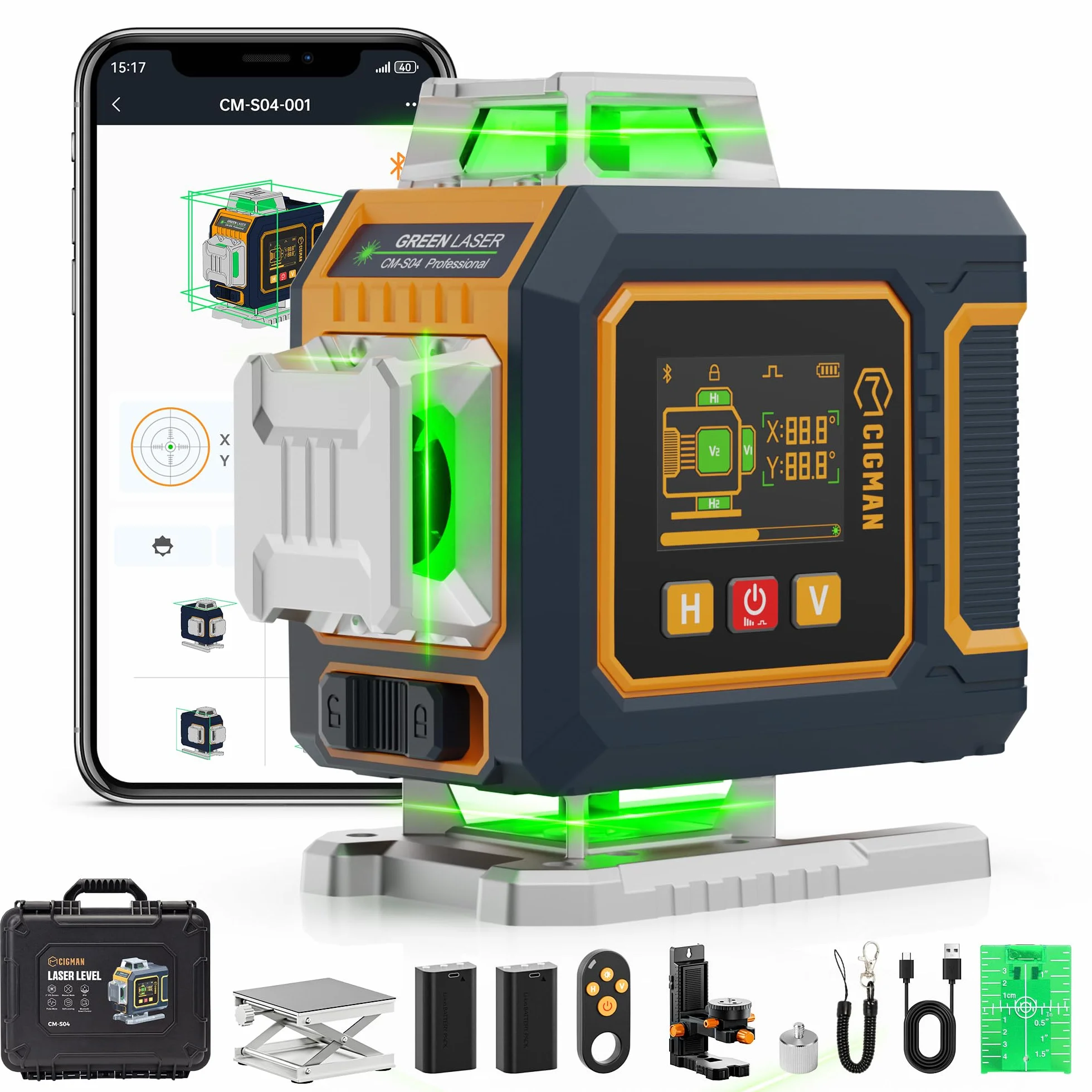CIGMAN Wyświetlacz boczny, zielony poziom laserowy, bezprzewodowy pilot zdalnego sterowania przez aplikację, 4 x 360°, samopoziomujące, krzyżowe narzędzie do poziomowania laserowego, 2 x akumulator