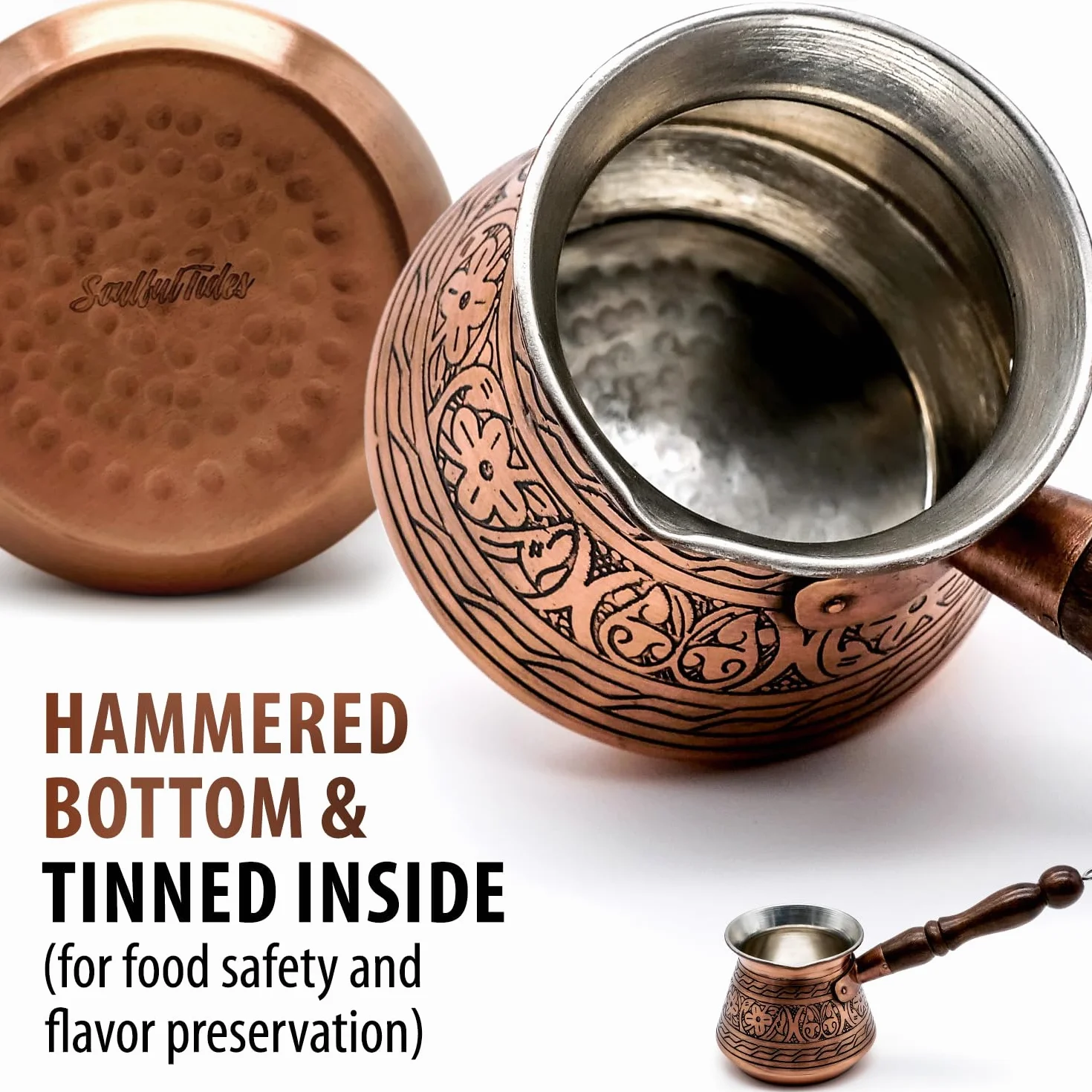 Miedziany Cezve Ibrik Turkish Coffee Pot 450 ml Ręcznie Wykonany Grawerowany 2 mm