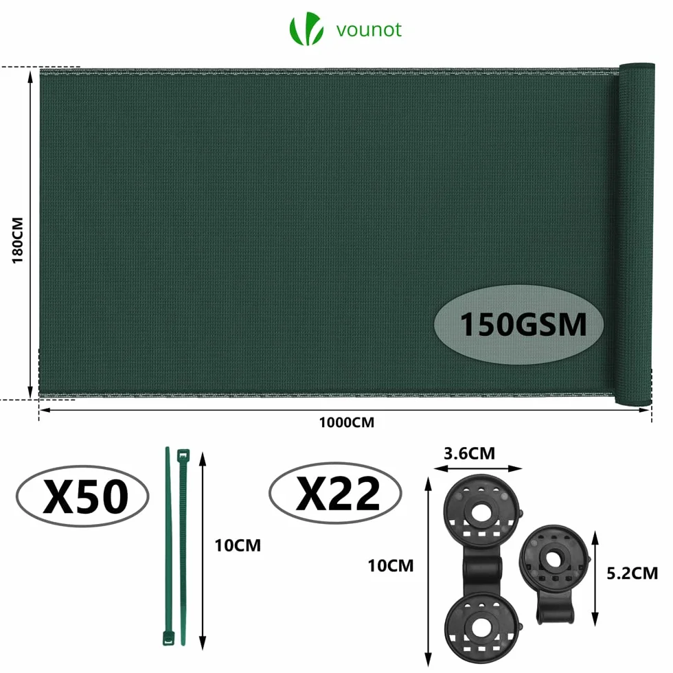 VOUNOT Siatka maskująca 1,8 × 10 m, siatka zacieniająca HDPE, 150 g/m², 85% zacienienia, odporna na działanie promieni UV, odporna na rozdarcie ogrodzenie z otworami i opaskami kablowymi, zielona