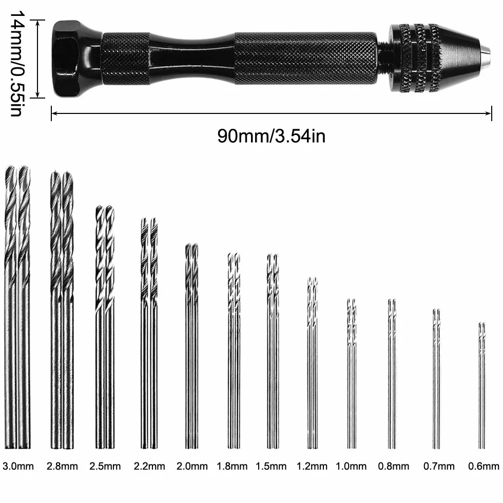 FineGood 25 sztuk wierteł ręcznych, 24 szt. mikro mini wierteł spiralnych (0,6-3 mm) z 1 szt. imadła pinowego narzędzia obrotowe do drewna, biżuterii, tworzywa sztucznego