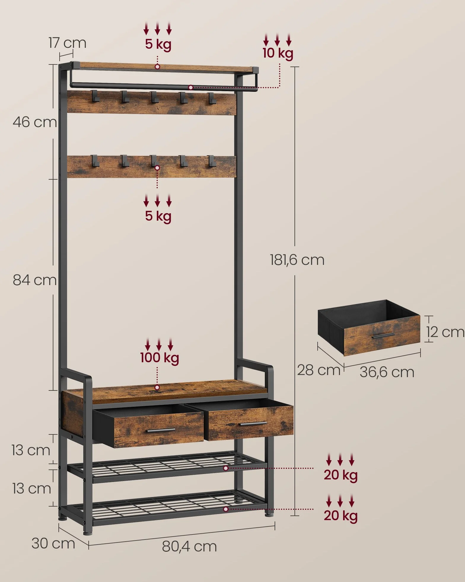 VASAGLE Wieszak na ubrania z ławką buty, szafa, schowek buty, 2 szuflady z tkaniny, 10 haczyków, 6 haczyków bocznych, 30 x 80,4 x 181,6 cm, Vintage Brown-Ink Black HSR429B01