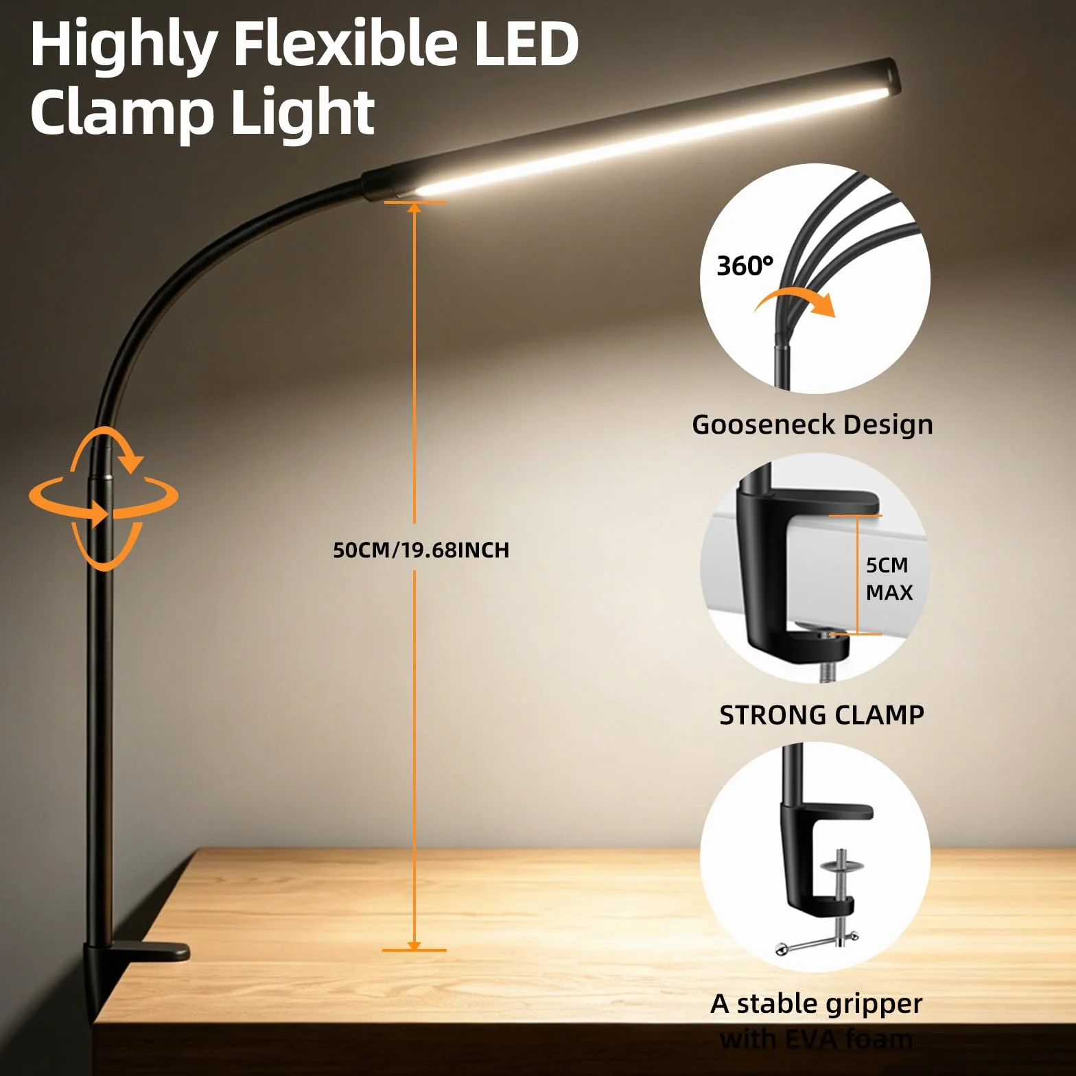Akynite Lampa zaciskowa USB, adapter w zestawie, lampa do czytania, 3 kolory i 10 intensywności, elastyczna lampa biurkowa dla dzieci, klips do manicure stołowego, czarna