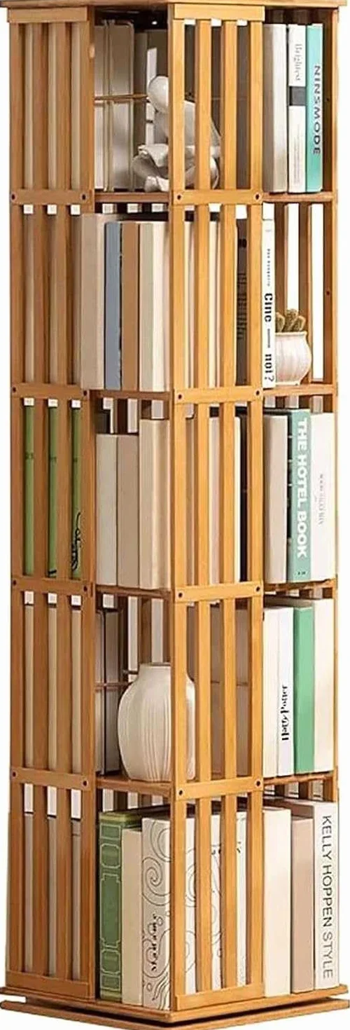 5-poziomowa bambusowa półka na książki 360° Obrotowa półka biblioteczne - narożny stojak ekspozycyjny do salonu, gabinetu, biura - wolnostojąca półka do przechowywania książek (kolor drewna)