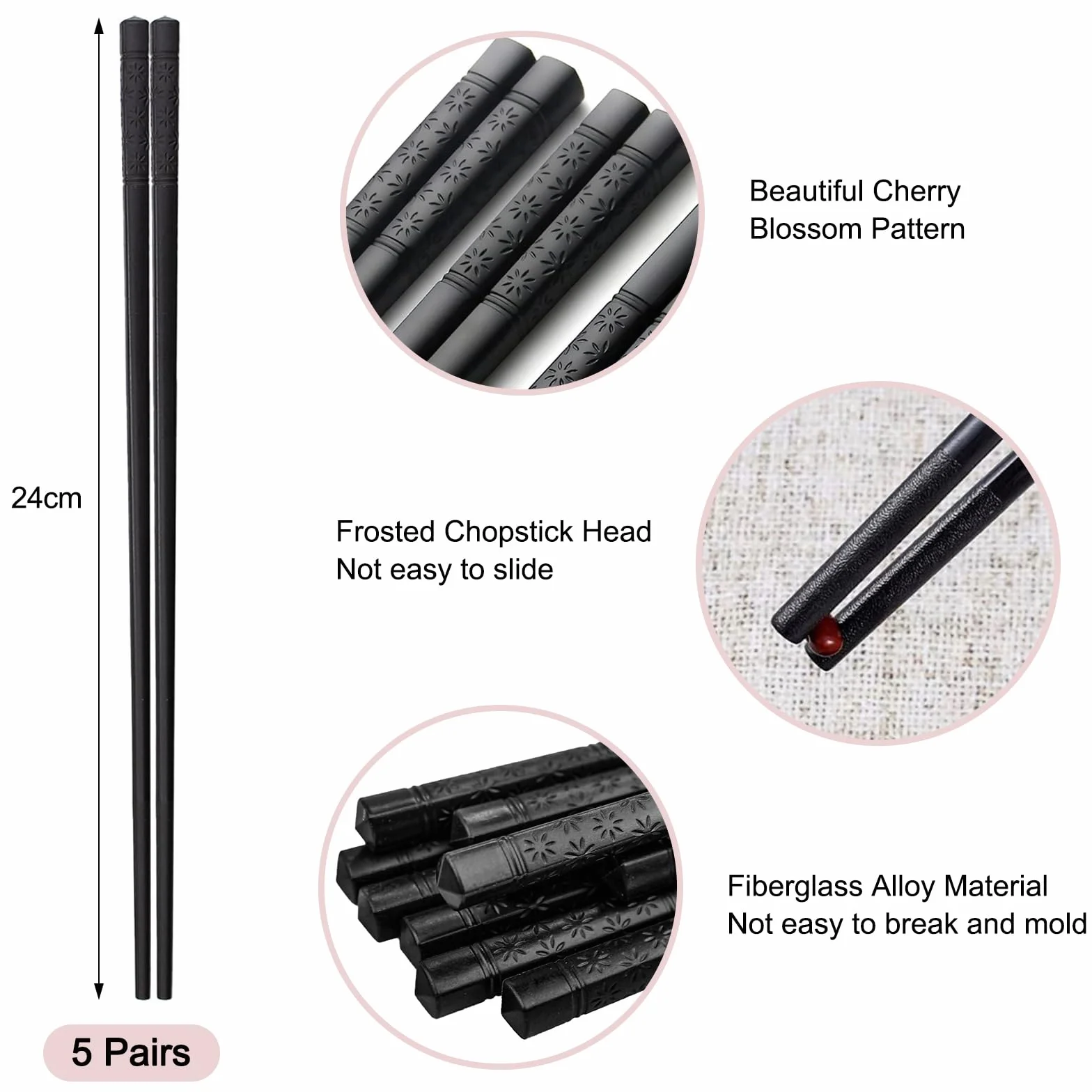 Chińskie pałeczki do sushi 24 cm, zestaw 5 par, antypoślizgowe, do zmywarki