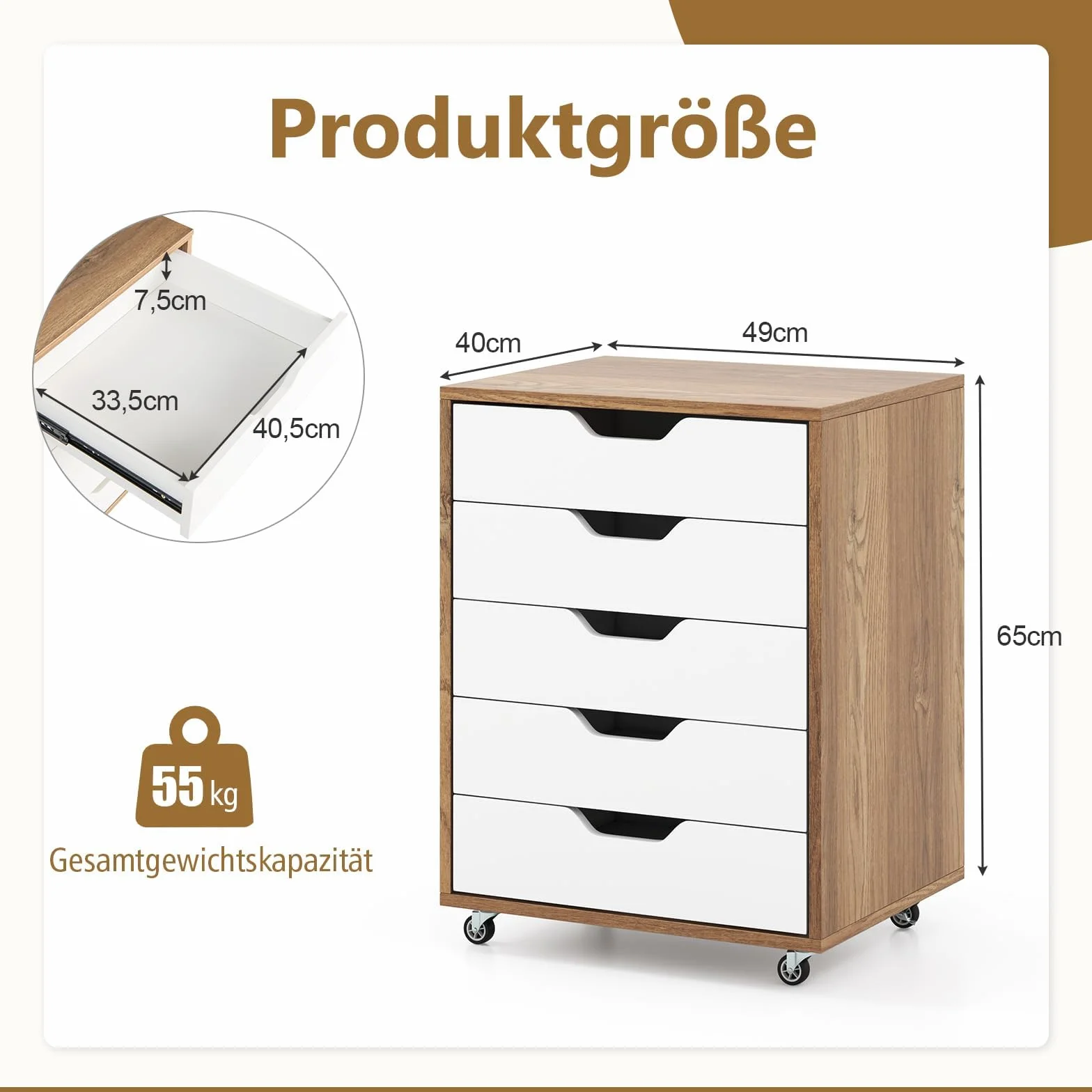 FANTASK Mobilna szafka na akta, mobilna szafka na dokumenty z 5 szufladami, kółkami, komoda z szufladami (naturalna)