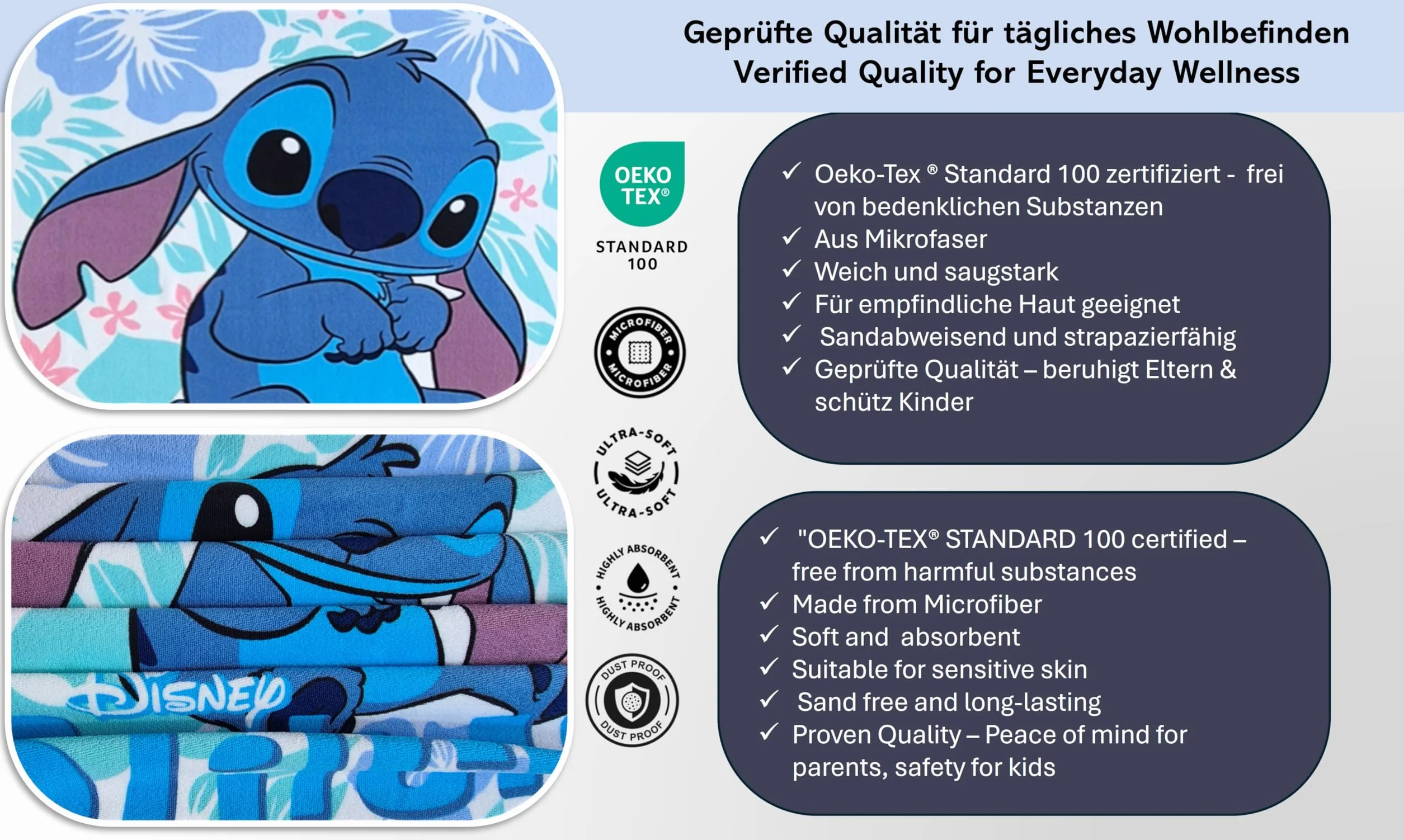 Theonoi Disney Lilo & Stitch Ręcznik plażowy dla dzieci, 70 x 140 cm, ręcznik kąpielowy z mikrofibry, chłonny i szybkoschnący, odporny na piasek, podróżny, ręcznik kąpielowy dla chłopców i dziewczynek