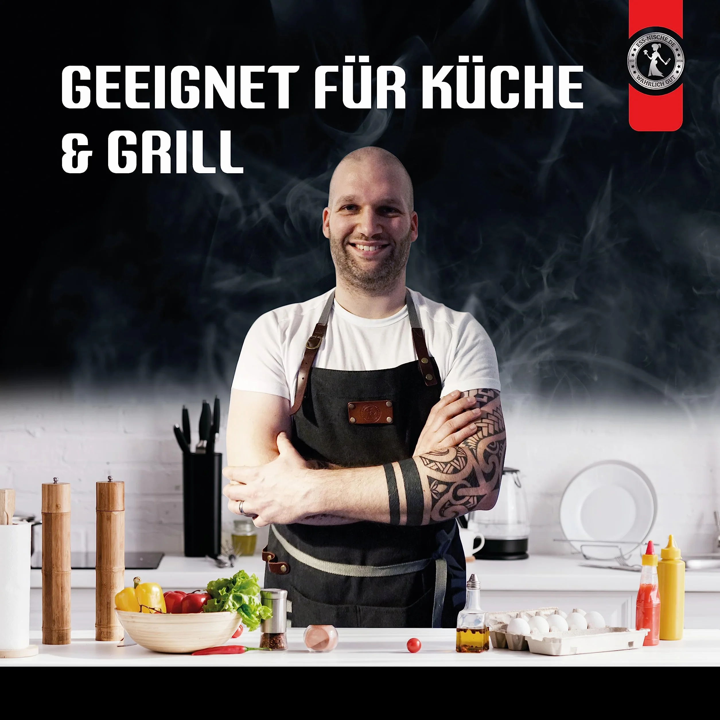Ess-Nische® Fartuch kucharski Grill dla mężczyzn i kobiet - fartuch kuchenny dla mężczyzn - idealny na prezent dla mężczyzny, babci lub dziadka