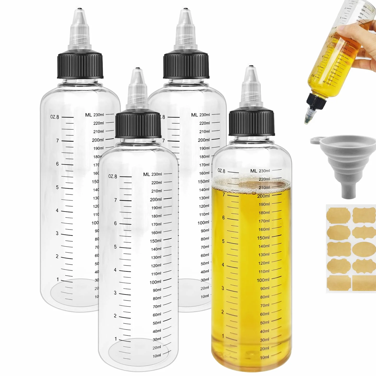 Realure 4 butelki do wyciskania 250 ml, przezroczyste butelki do wyciskania ze skalą, z tworzywa sztucznego, butelki dozujące z zakrętką z lejkiem, uniwersalne butelki na sosy, do płynnych przypraw